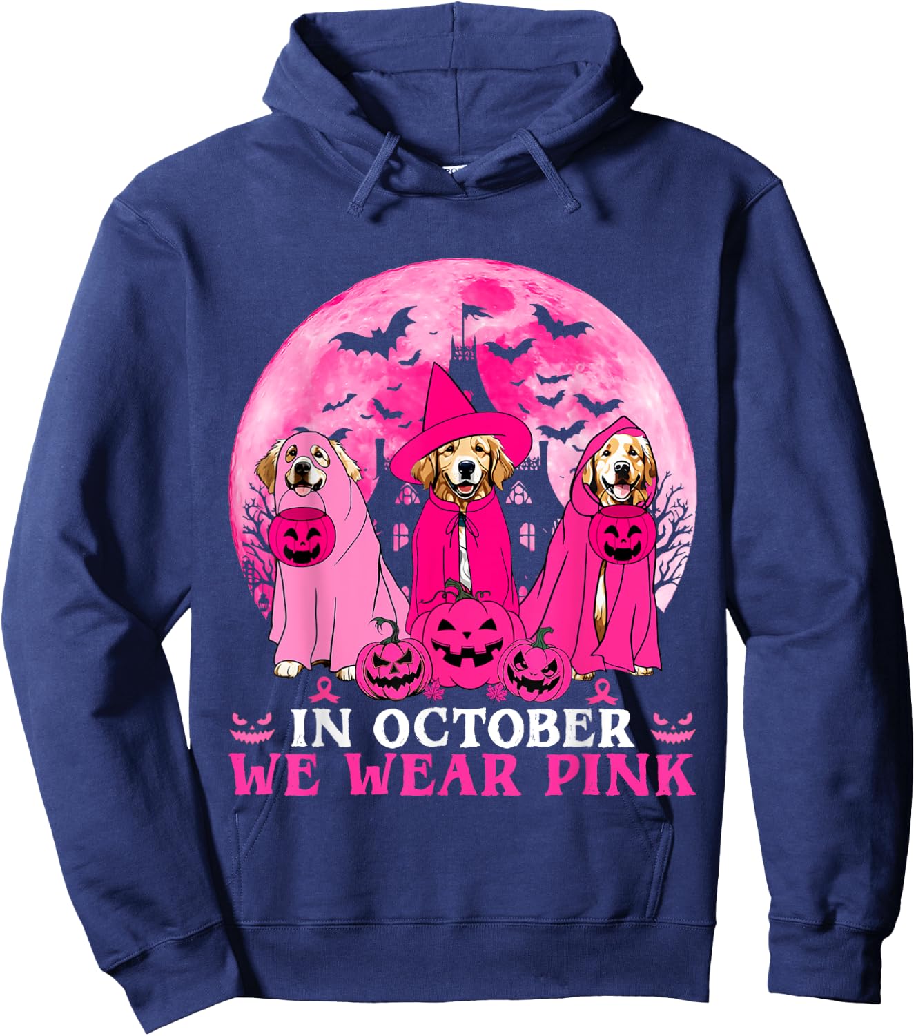 Ghost And Witch Golden Retriever In October We Wear Pink Hoodie - Hoodie | Navy