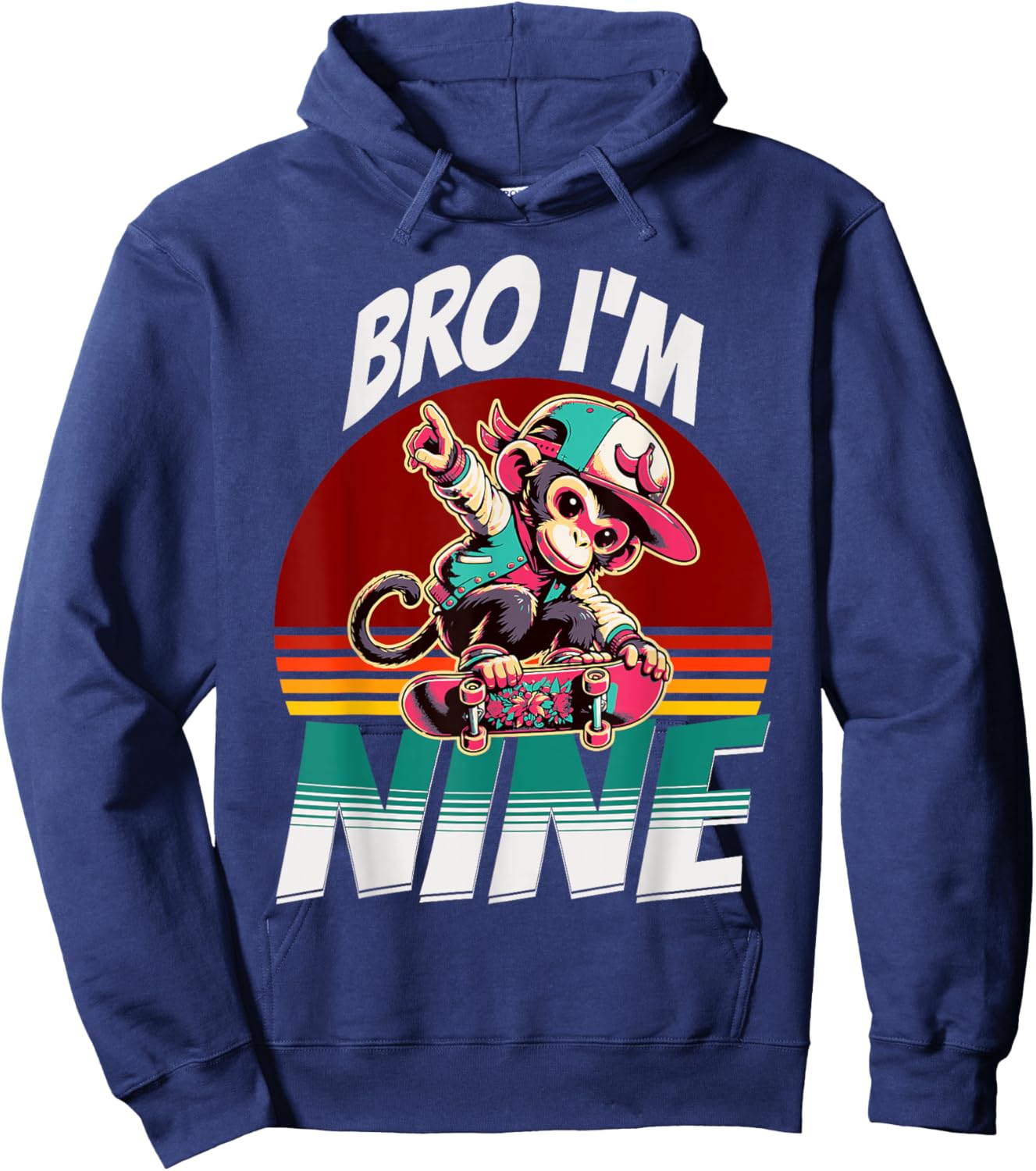 Bro I'm Nine 9th Birthday Monkey Lovers Skateboard Bday Hoodie - Hoodie | Navy