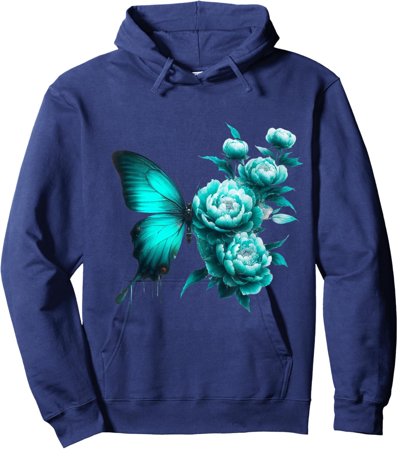 Teal Butterfly Wings Blossoming Floral Turquoise Butterflies Hoodie - Hoodie | Navy