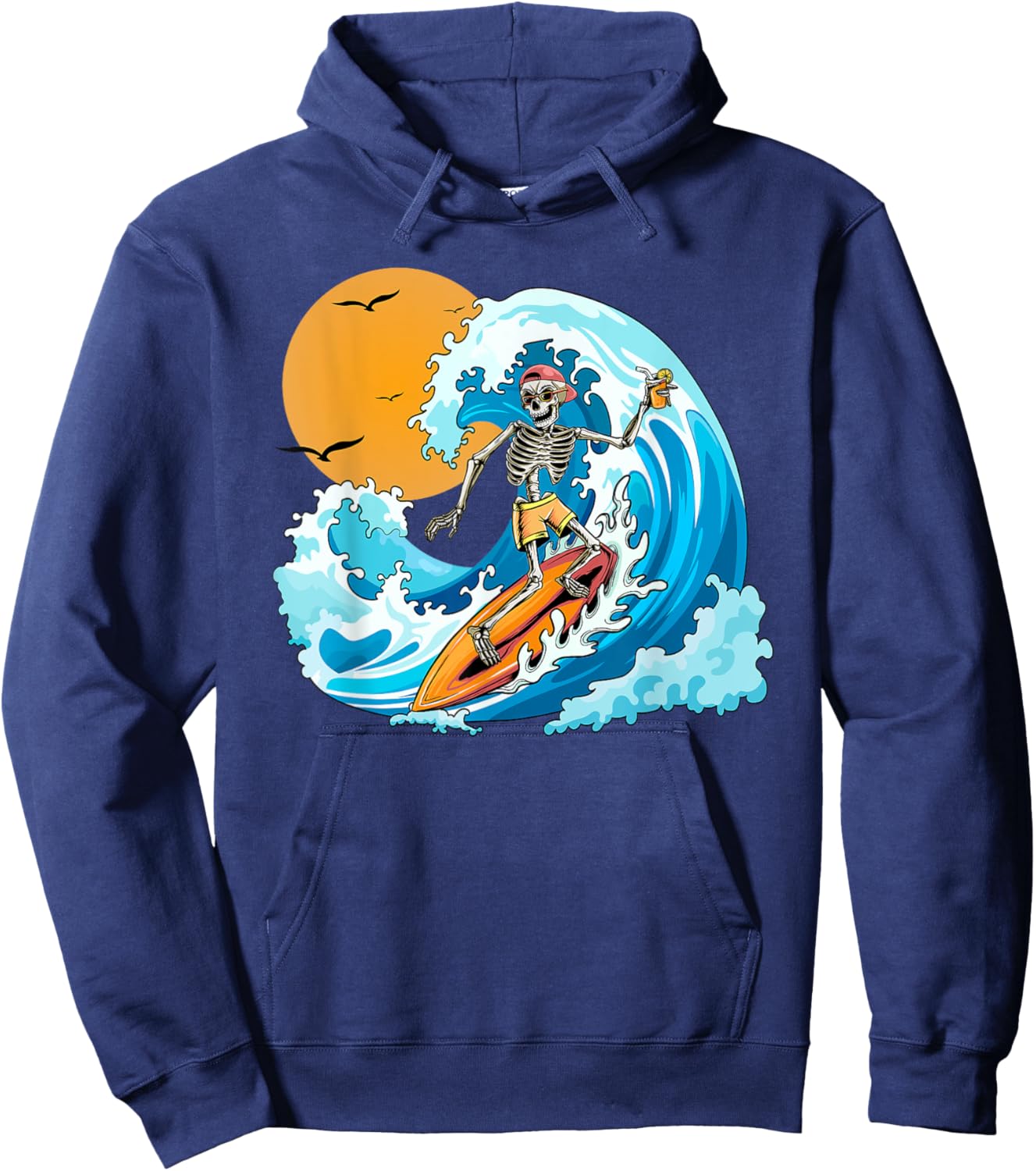COOL Boy Summer Vacation Skeleton Surfing Hawaii Hawaiian Hoodie - Hoodie | Navy