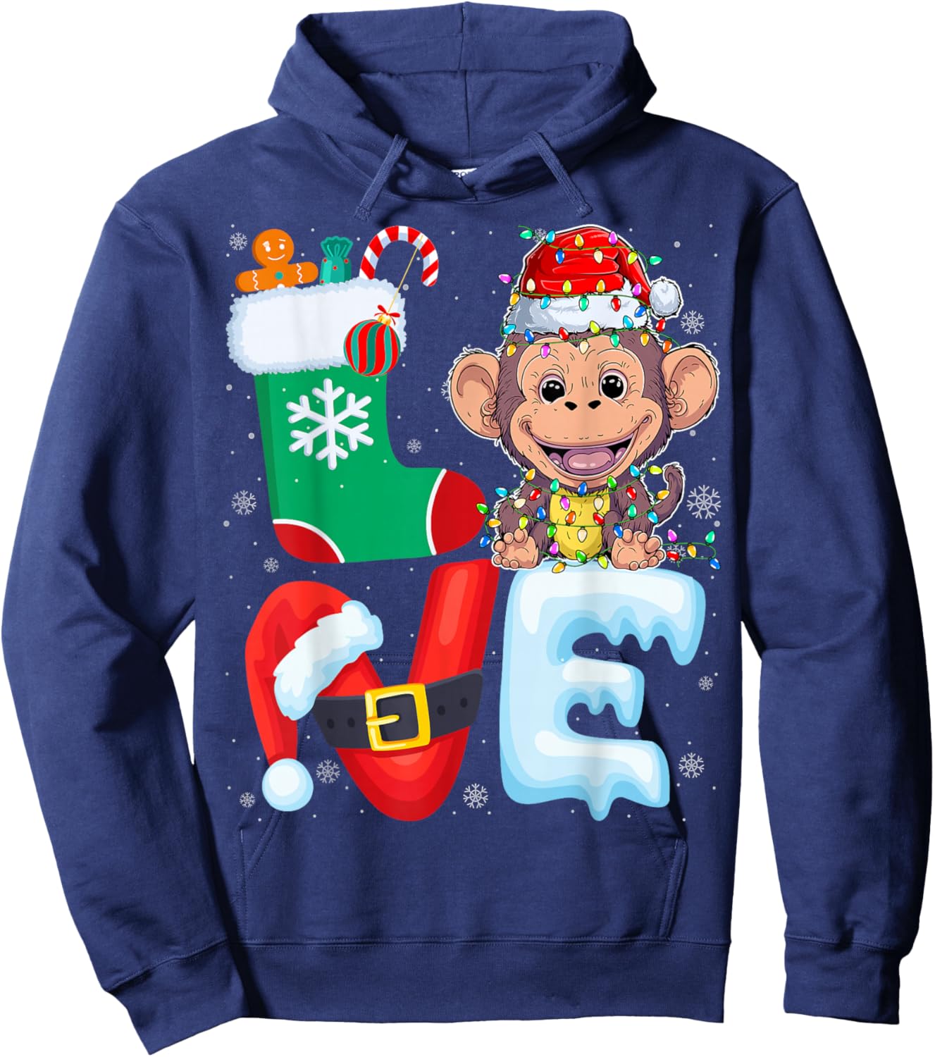 Monkey Wearing Santa Hat Xmas Lights Tree Christmas Monkey Hoodie - Hoodie | Navy
