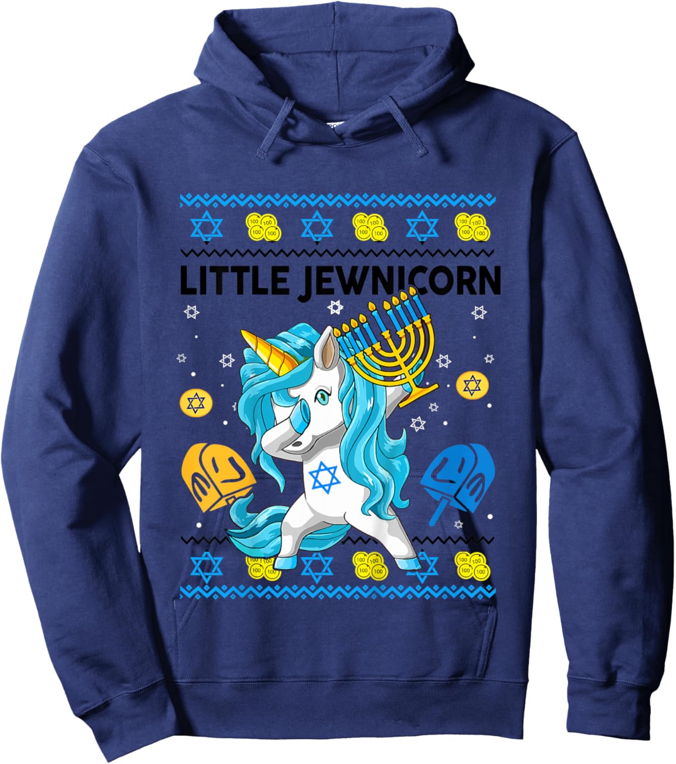 Ugly Hanukkah Sweater Jewnicorn Unicorn Funny Toddler Girl Hoodie - Hoodie | Navy