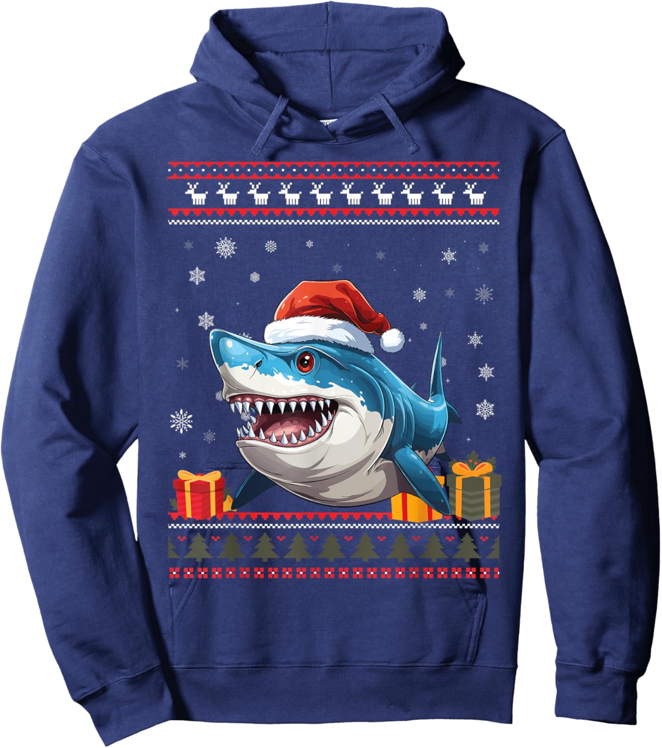 Shark Christmas Santa Hat Ugly Christmas Sweater Hoodie - Hoodie | Navy