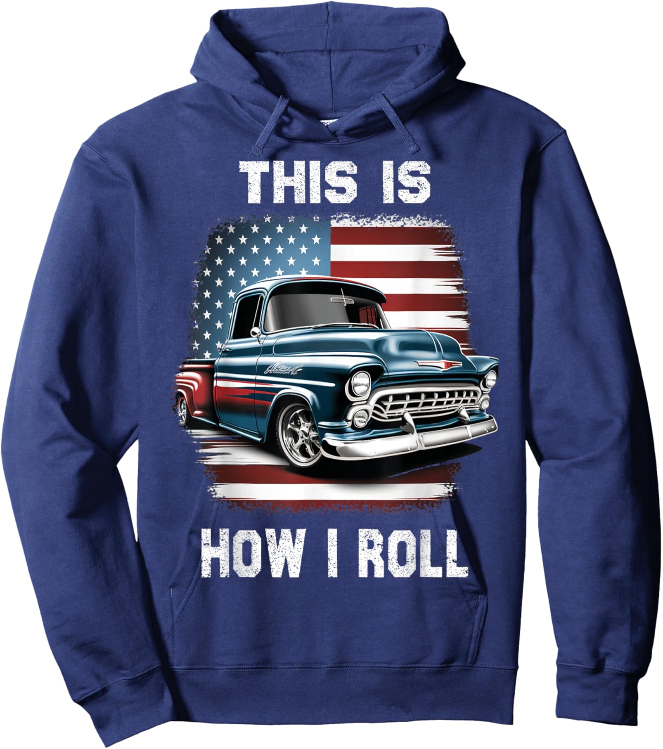 Classic Old Pickup Truck American Flag 4th of July Patriotic Hoodie - Hoodie | Navy