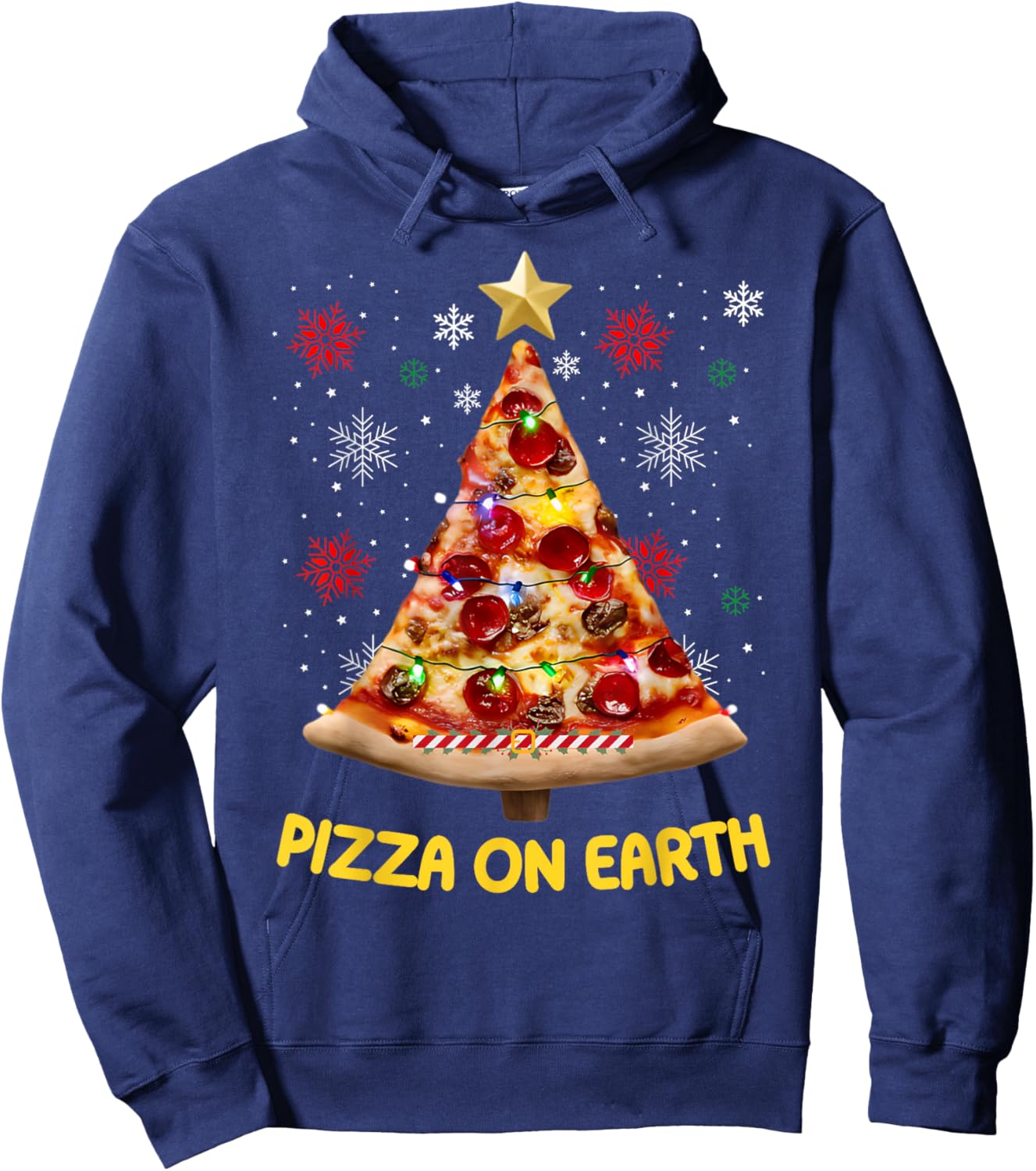 Pizza on Earth Christmas Tree Funny Xmas Pizza Fast Food Hoodie - Hoodie | Navy