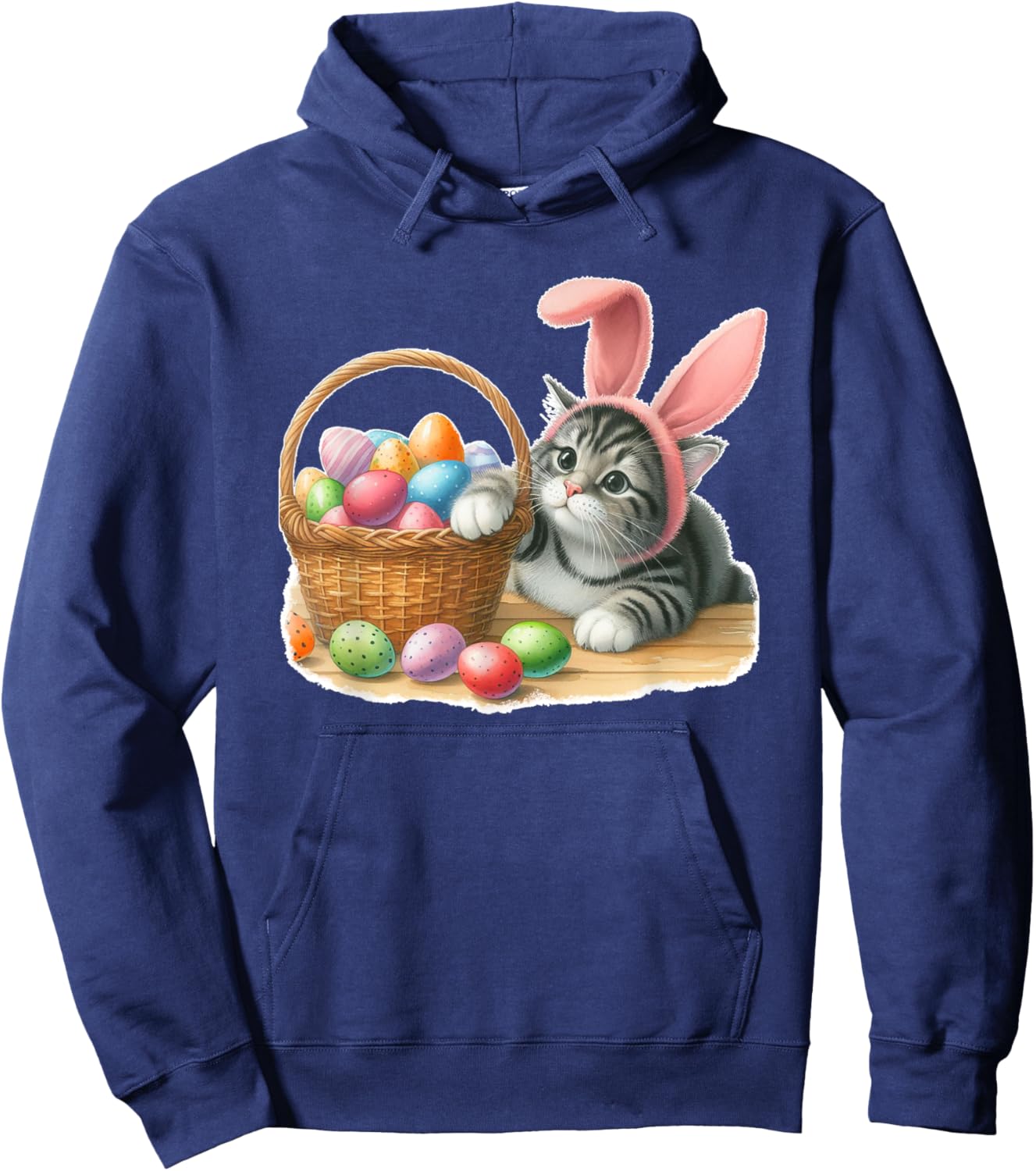 Cute Tabby Striped Gray Grey Kitten Rabbit Ears Easter Eggs Hoodie - Hoodie | Navy
