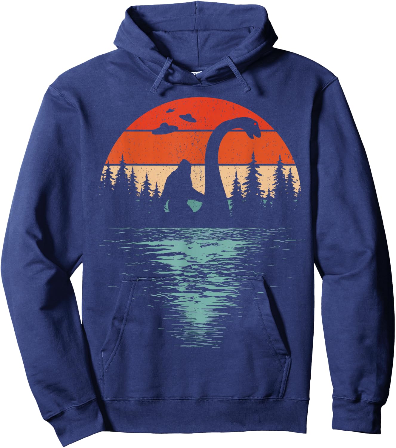 Bigfoot Riding Loch Ness Monster 80s Funny Sasquatch Nessie Hoodie - Hoodie | Navy