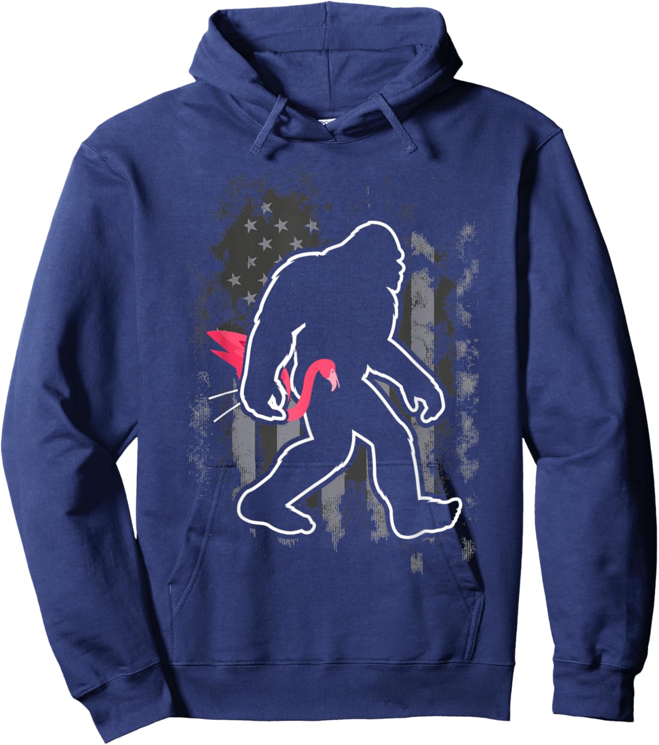 Bigfoot Carrying Lawn Flamingo Funny Sasquatch Hoodie - Hoodie | Navy