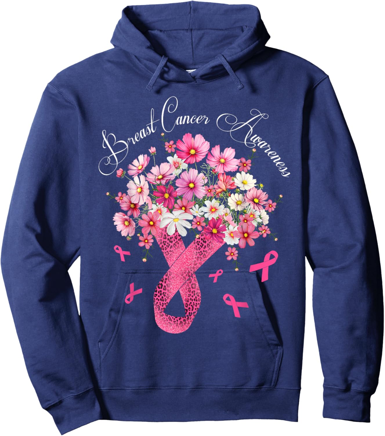 Breast Cancer Awareness Fighter Survivor Floral Pink Ribbon Hoodie - Hoodie | Navy