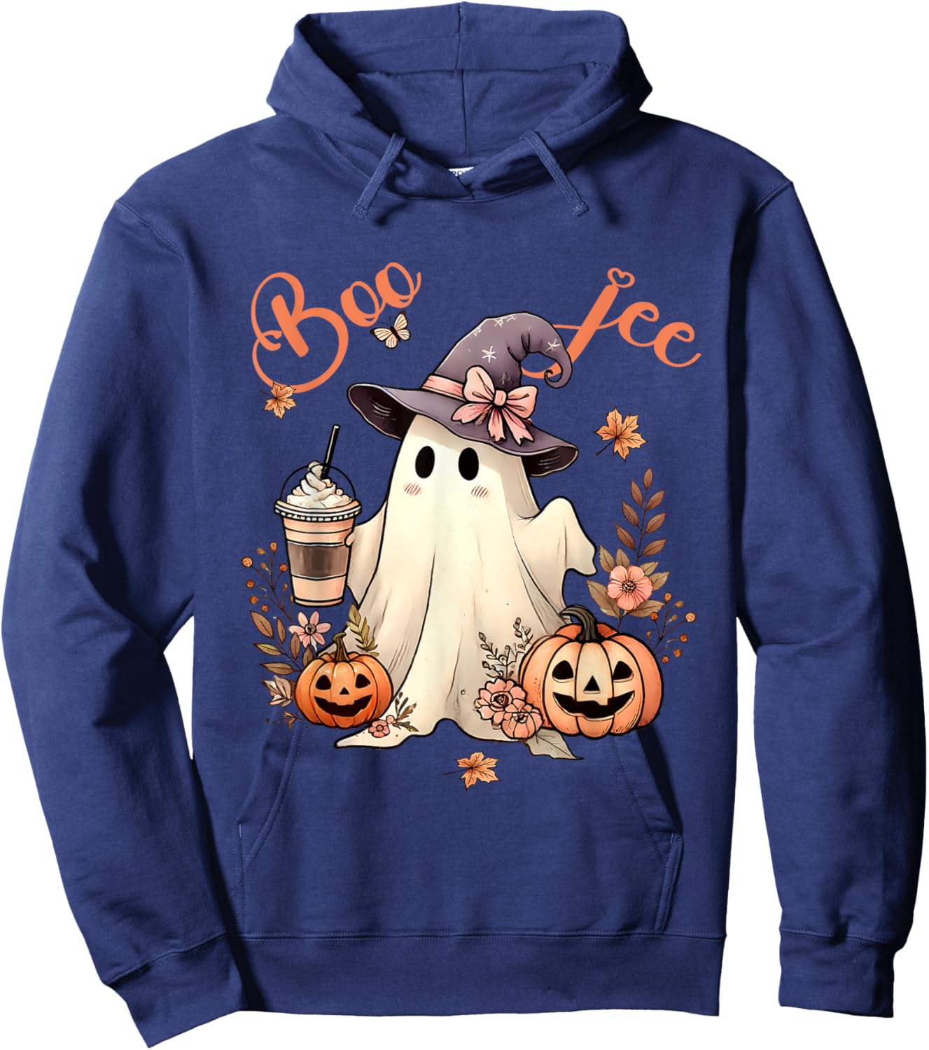 Boo Jee Ghost Drinking Coffee Coquette Bow Halloween Women Hoodie - Hoodie | Navy