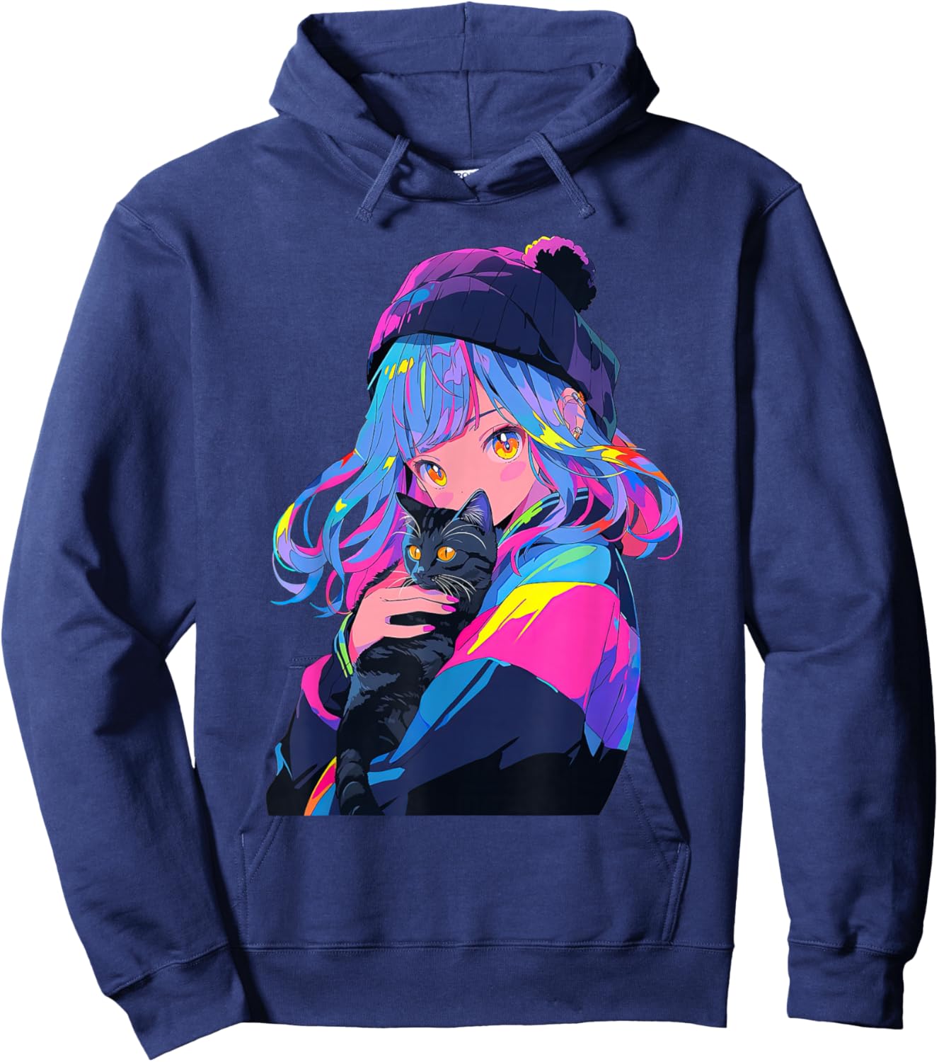 Anime and Cats Manga Girl with a Cat Anime Lover Hoodie - Hoodie | Navy