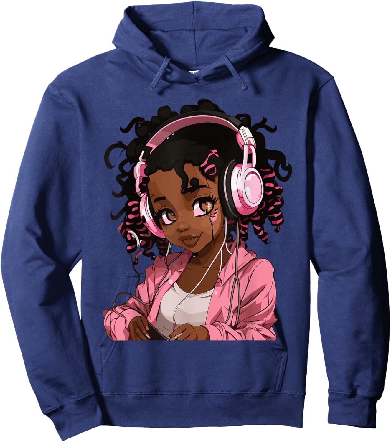 Anime and Music Black Girl Anime Merch Afro African American Hoodie - Hoodie | Navy