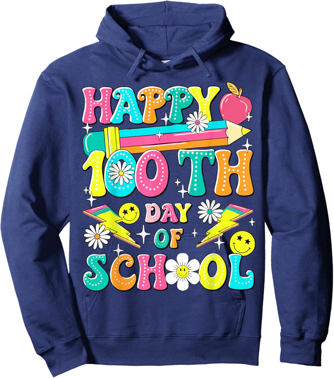 Retro Groovy 100th Day of School Teachers Kid Happy 100 Days Hoodie - Hoodie | Navy