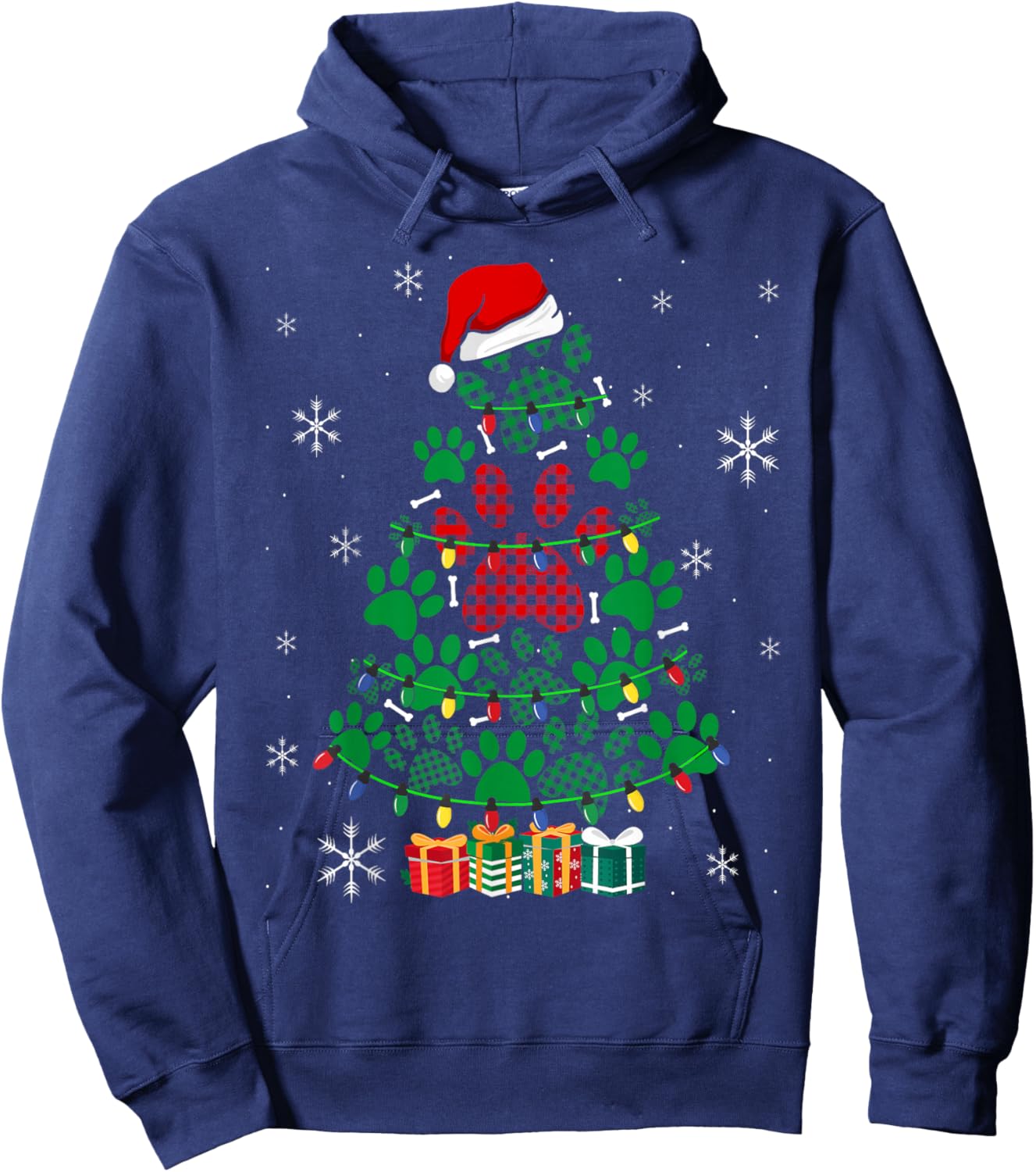 Paws Print Christmas Tree Dog or Cat with Santa Lights Hoodie - Hoodie | Navy