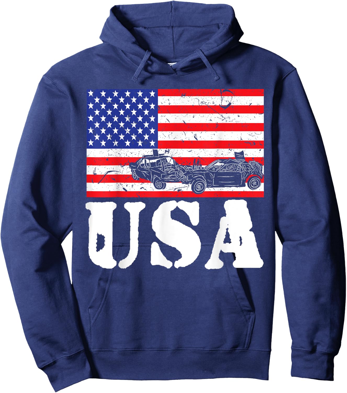 Distressed Demolition Derby USA American Flag Vintage Racer Hoodie - Hoodie | Navy