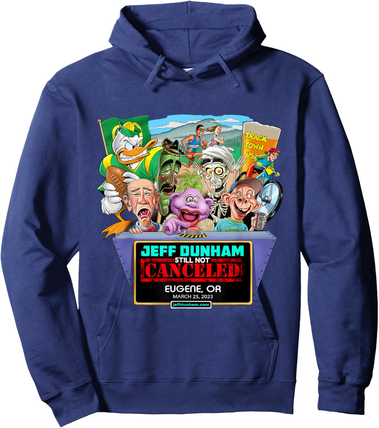Jeff Dunham 2023 Eugene, OR Black Cotton - Classic Fit, Short Sleeve, Letter Print Hoodie - Hoodie | Navy
