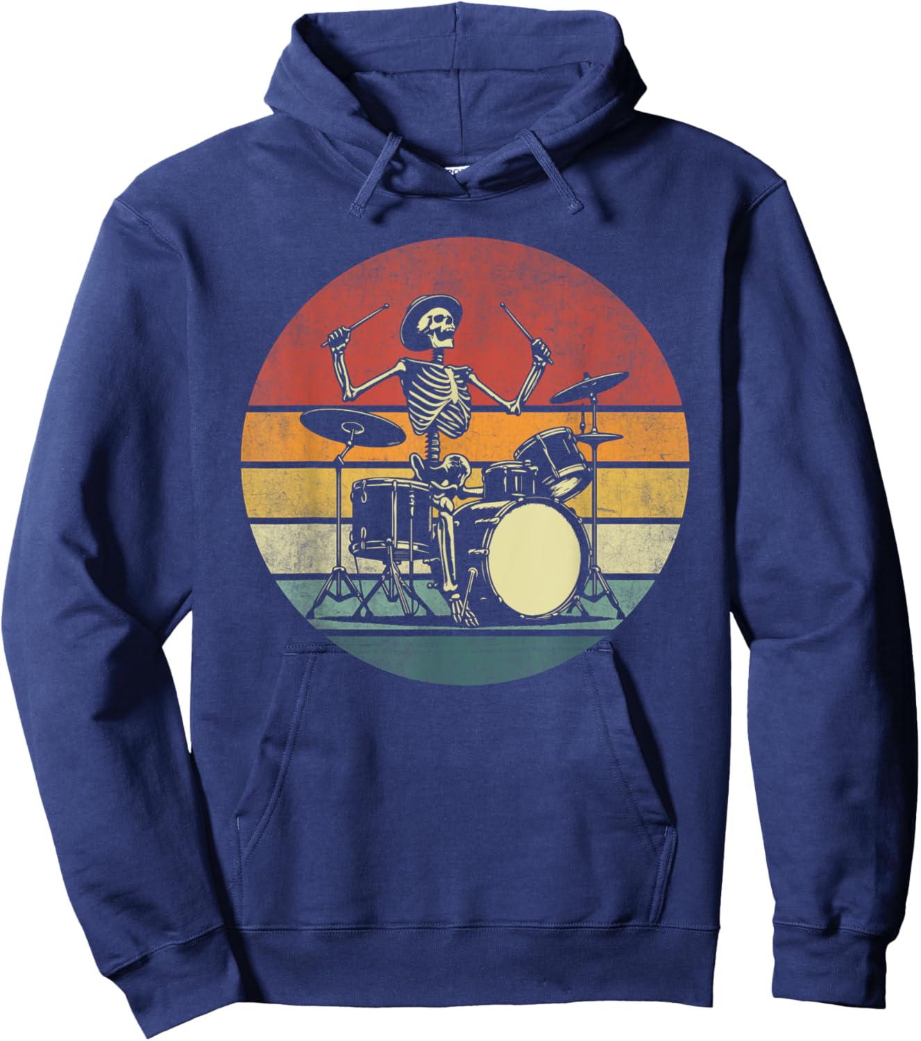 Retro Drummer Rock Skeleton Drummer Skeleton Playing Drum Hoodie - Hoodie | Navy