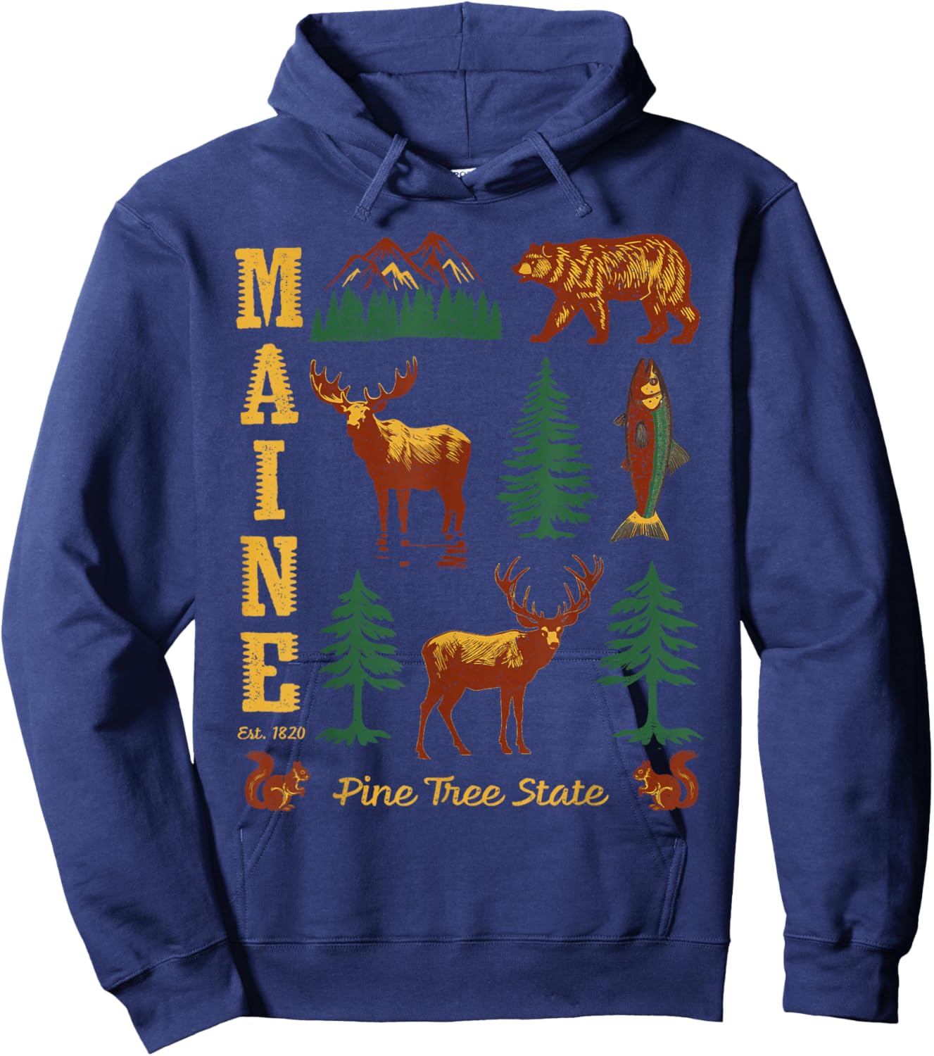 Maine Vintage Style Bear Moose Trees Deer Retro Souvenir Hoodie - Hoodie | Navy