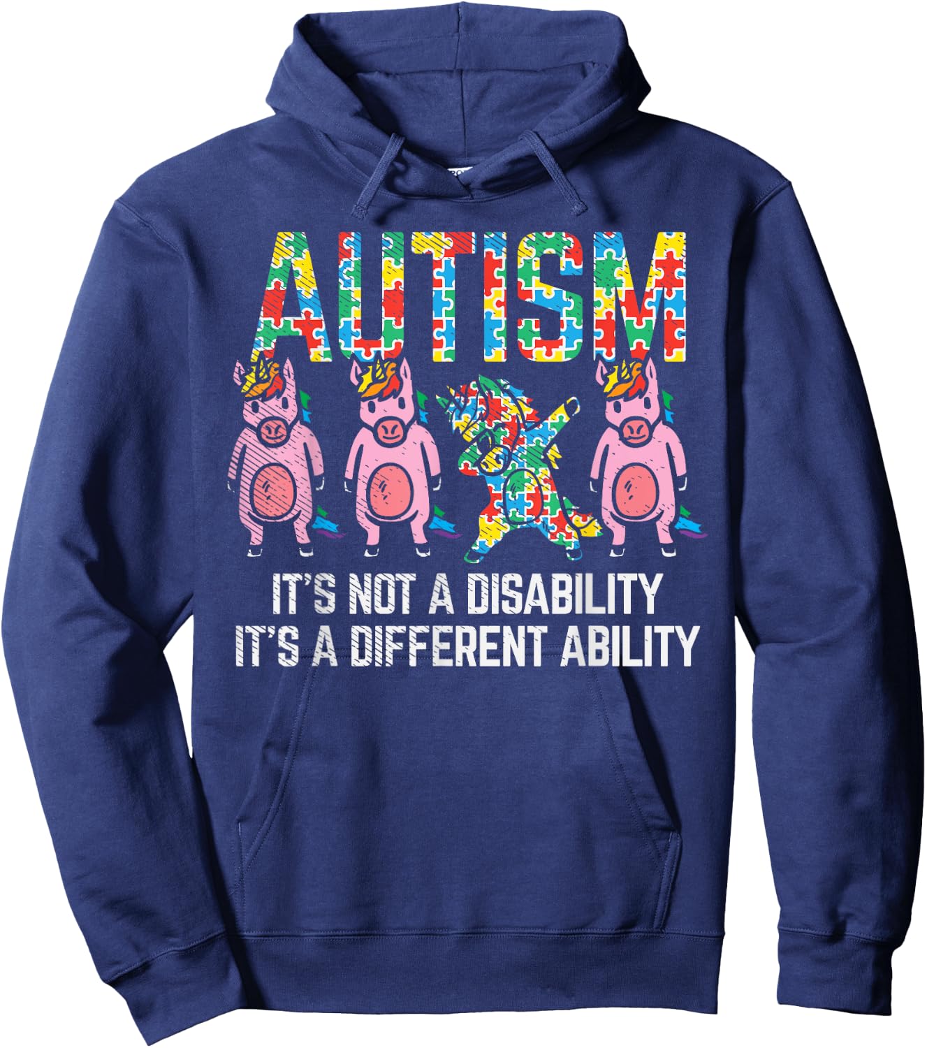 BoredKoalas Autism Awareness Unicorn Dab - -Adults, Black, Short Sleeve, Classic Fit, Cotton Blend, Small Hoodie - Hoodie | Navy