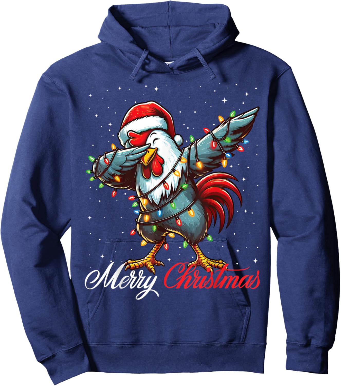 Dabbing Rooster Merry Christmas Lights Santa Hat Xmas Snow Hoodie - Hoodie | Navy