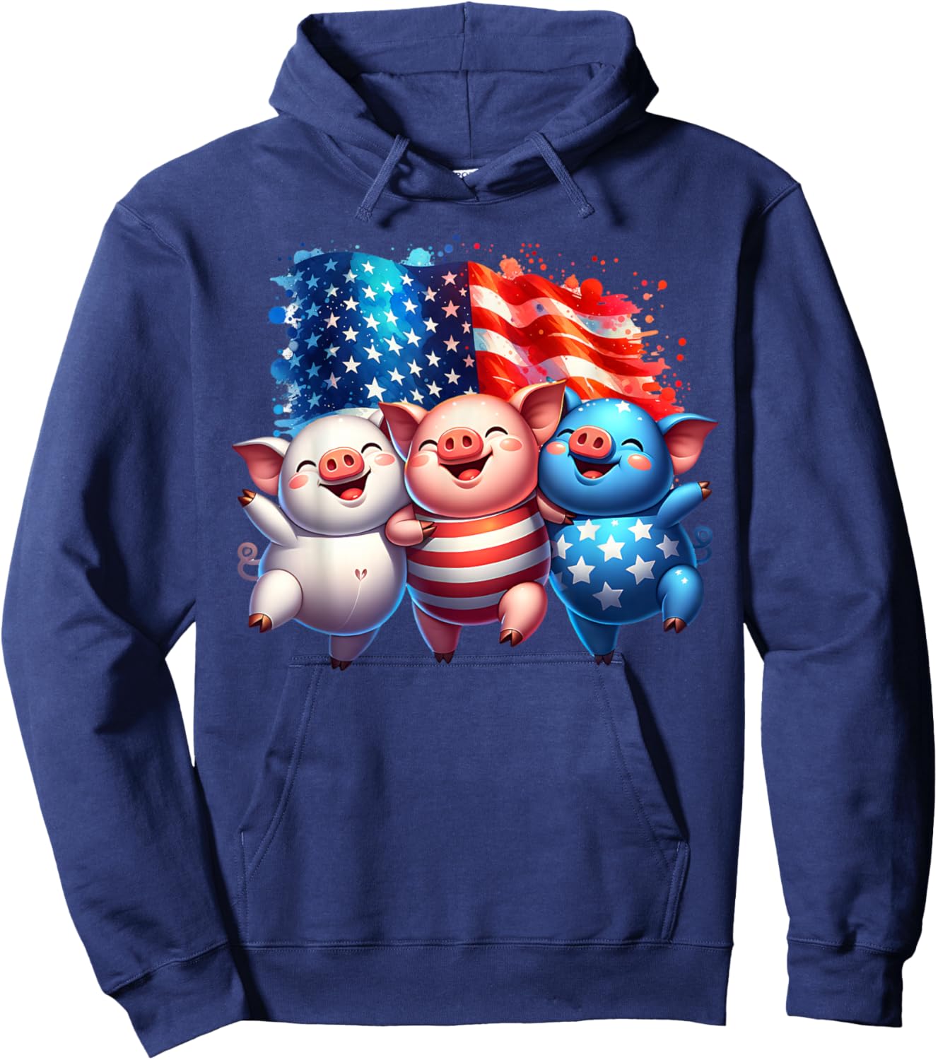 4th of July Funny Patriotic Pigs USA Flag Red White Blue Hoodie - Hoodie | Navy