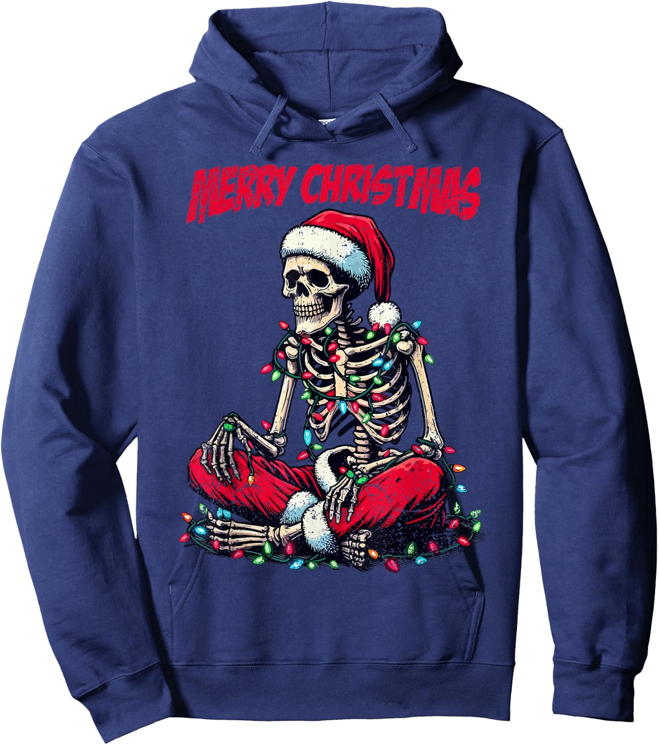 Skeleton Santa Hat Merry Christmas X-mas Lights Holiday Hoodie - Hoodie | Navy
