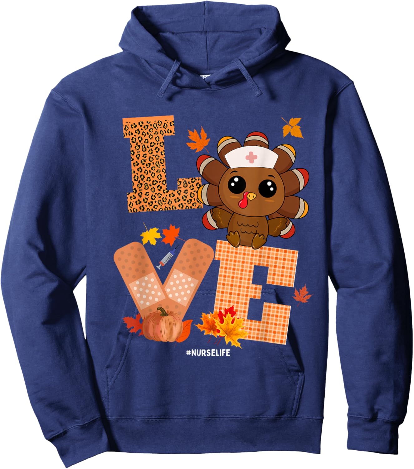 Thanksgiving Nurse Love Turkey Funny Scrub Top Nurse Life Hoodie - Hoodie | Navy