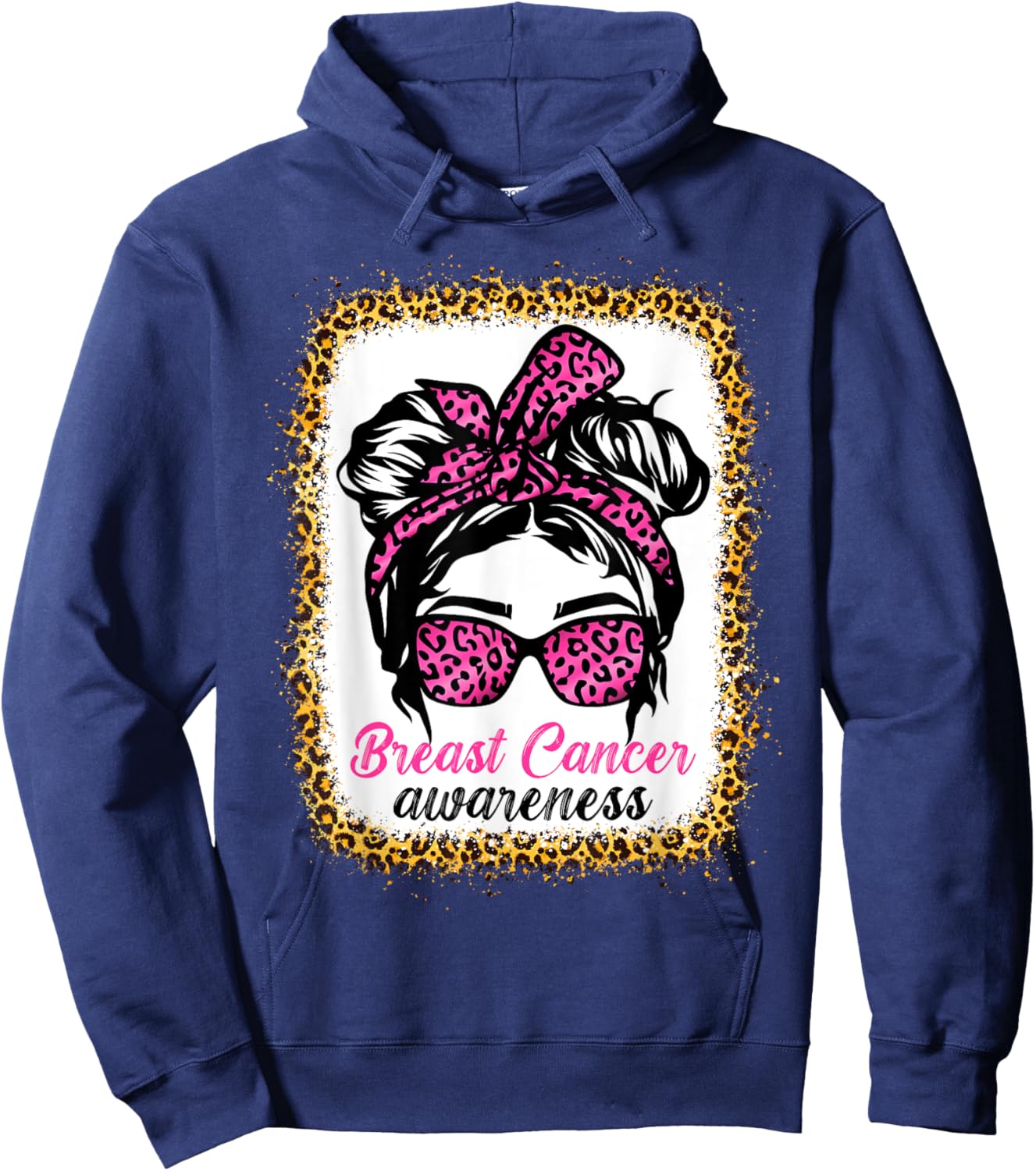 Messy Bun Wear Pink Breast Cancer Awareness Leopard Hoodie - Hoodie | Navy