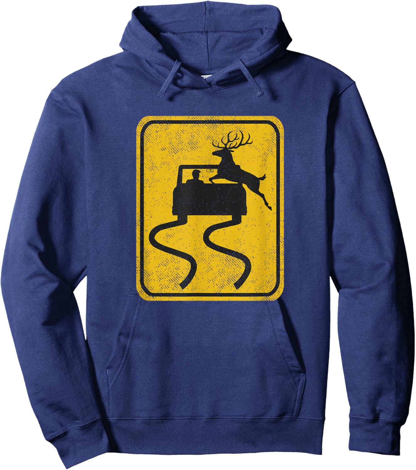 Swerving Car Meets Deer Crossing Vintage Road Sign Hoodie - Hoodie | Navy