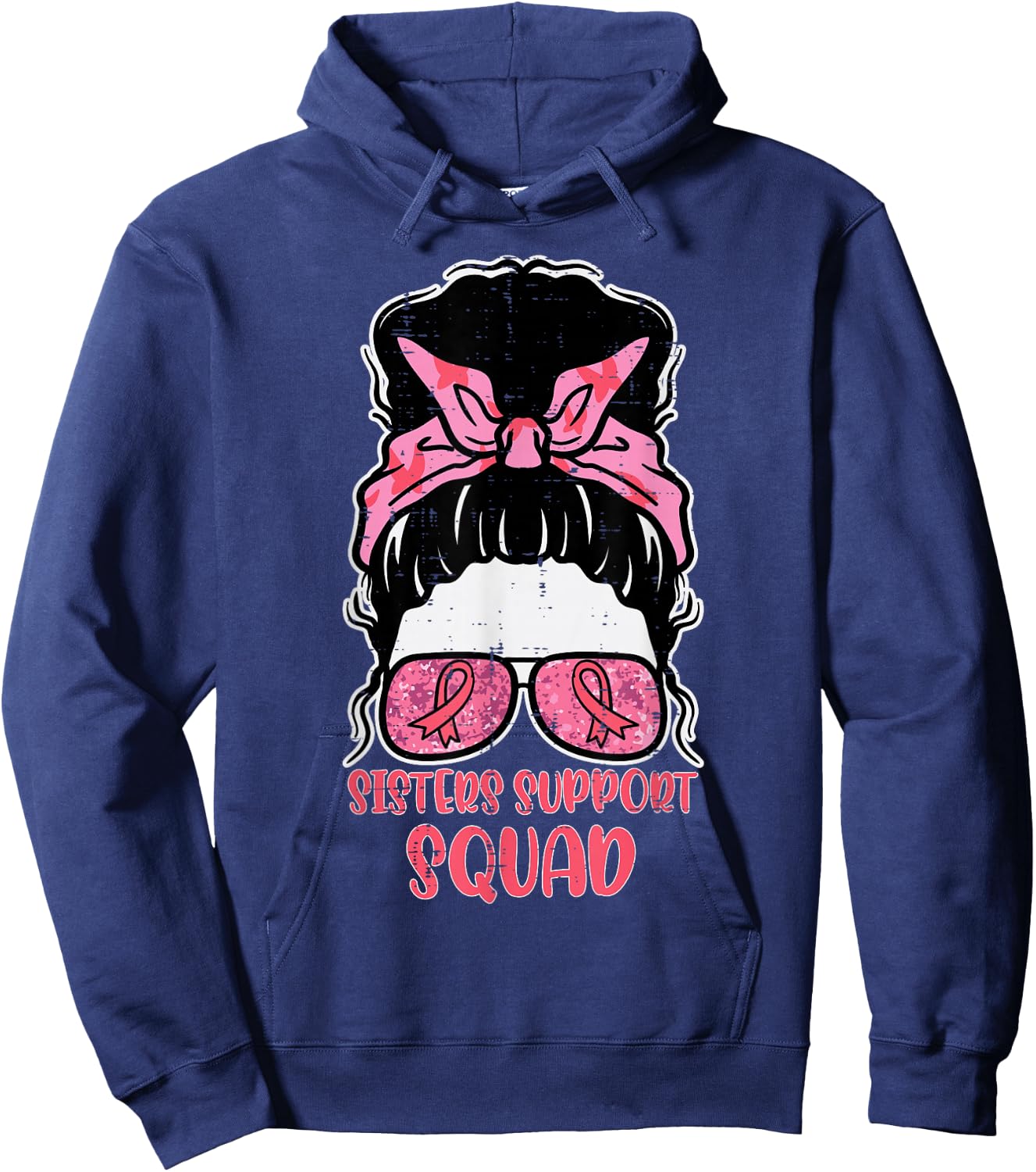 Sisters Support Squad Hairbun Breast Cancer Awareness Women Hoodie - Hoodie | Navy