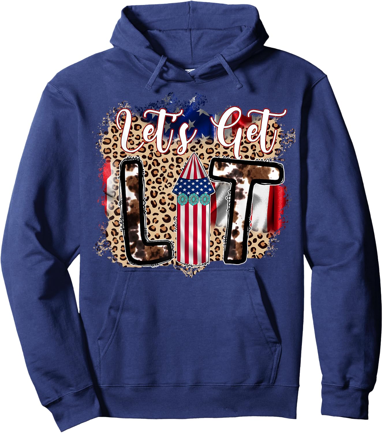 Let's Get Lit Leopard Patriotic Fireworks Fourth of July Hoodie - Hoodie | Navy
