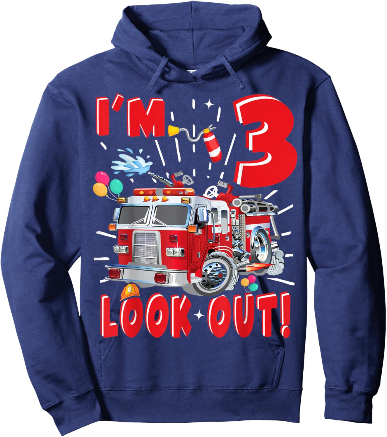 Three 3rd Birthday Fire Truck Boy 3 Year Old Firefighter Hoodie - Hoodie | Navy