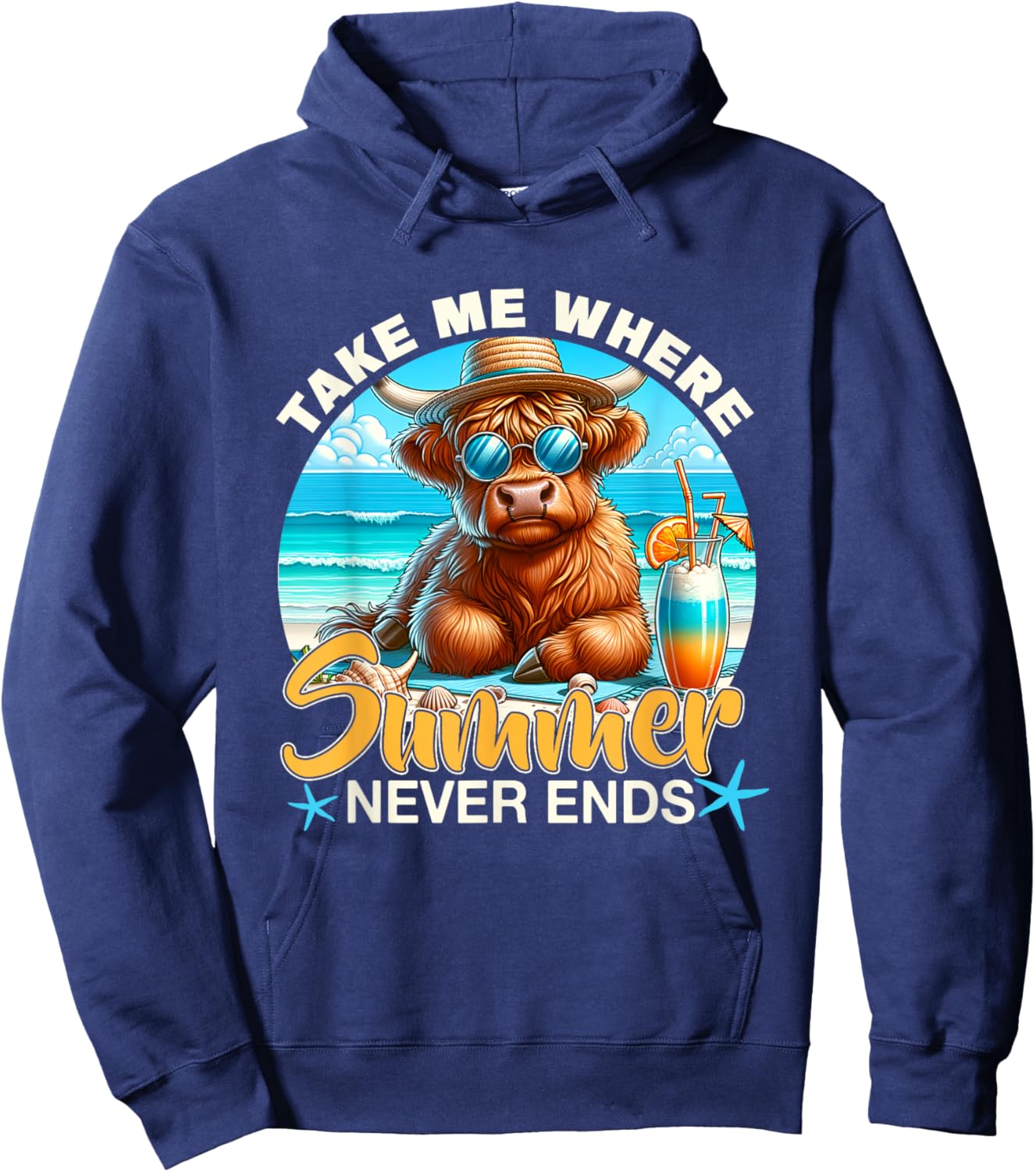 Take Me Where Summer Never-Ends Highland Cow Beach Trip Hoodie - Hoodie | Navy