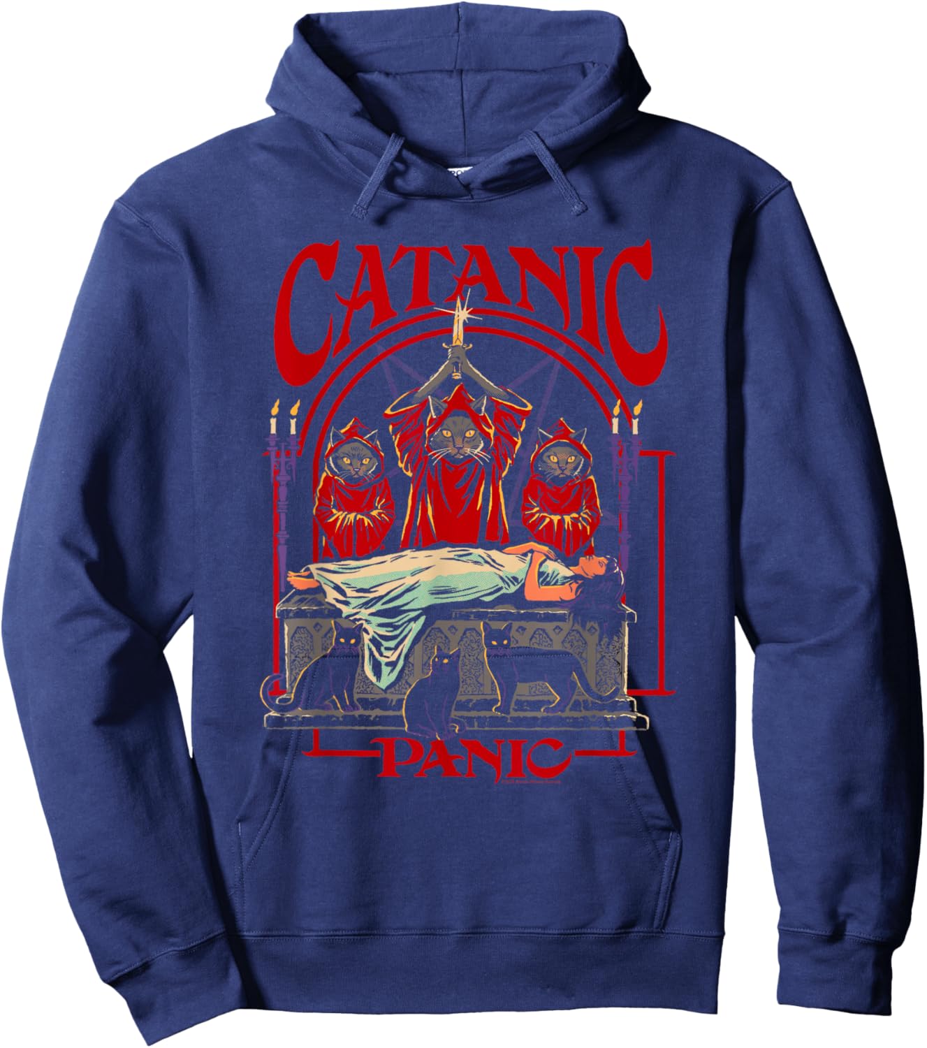 Steven Rhodes Catanic Panic Black Cats Retro Dark Humor Hoodie - Hoodie | Navy