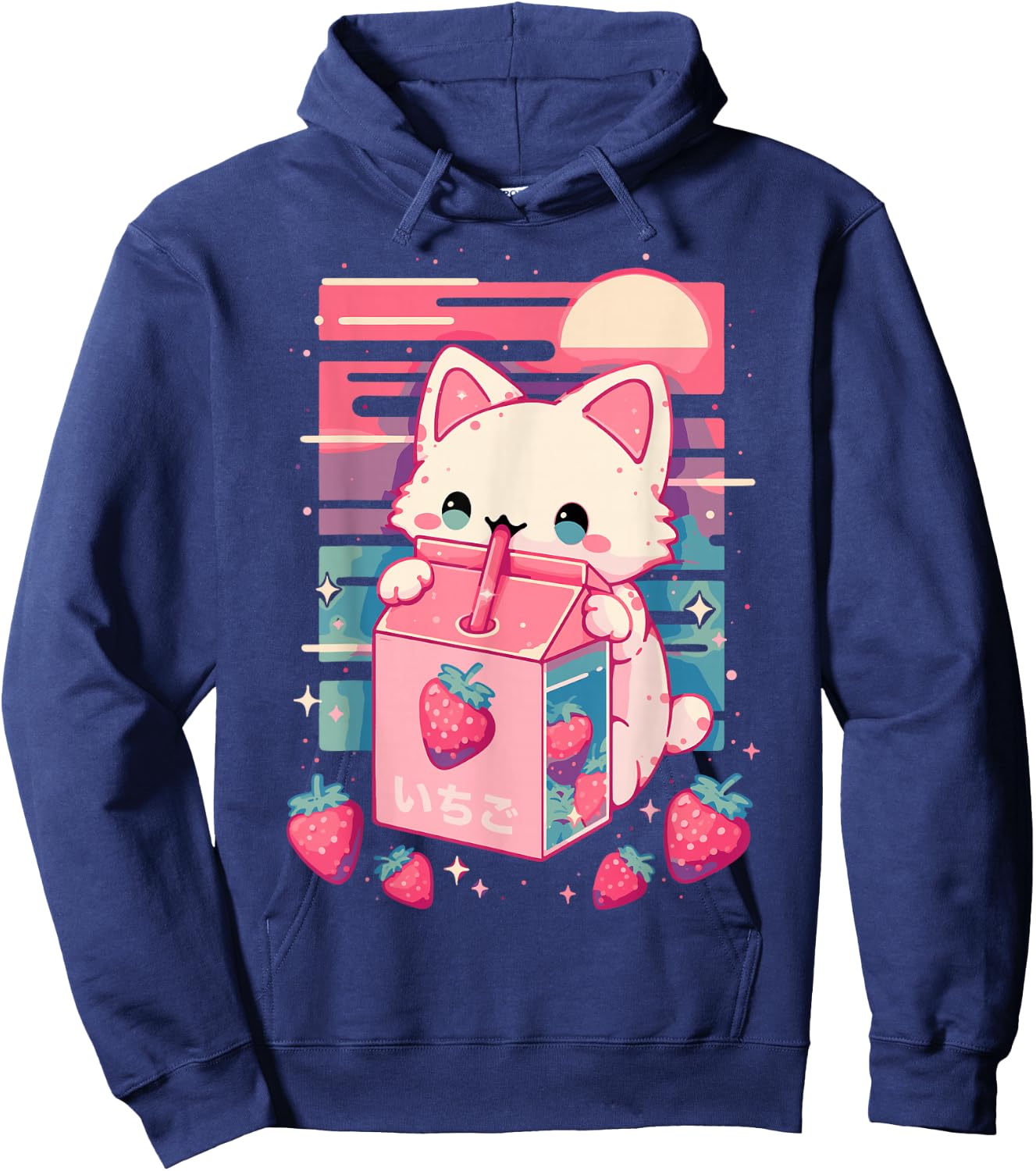 Cat Strawberry Milk Anime 90s Japanese Cat Japan Hoodie - Hoodie | Navy