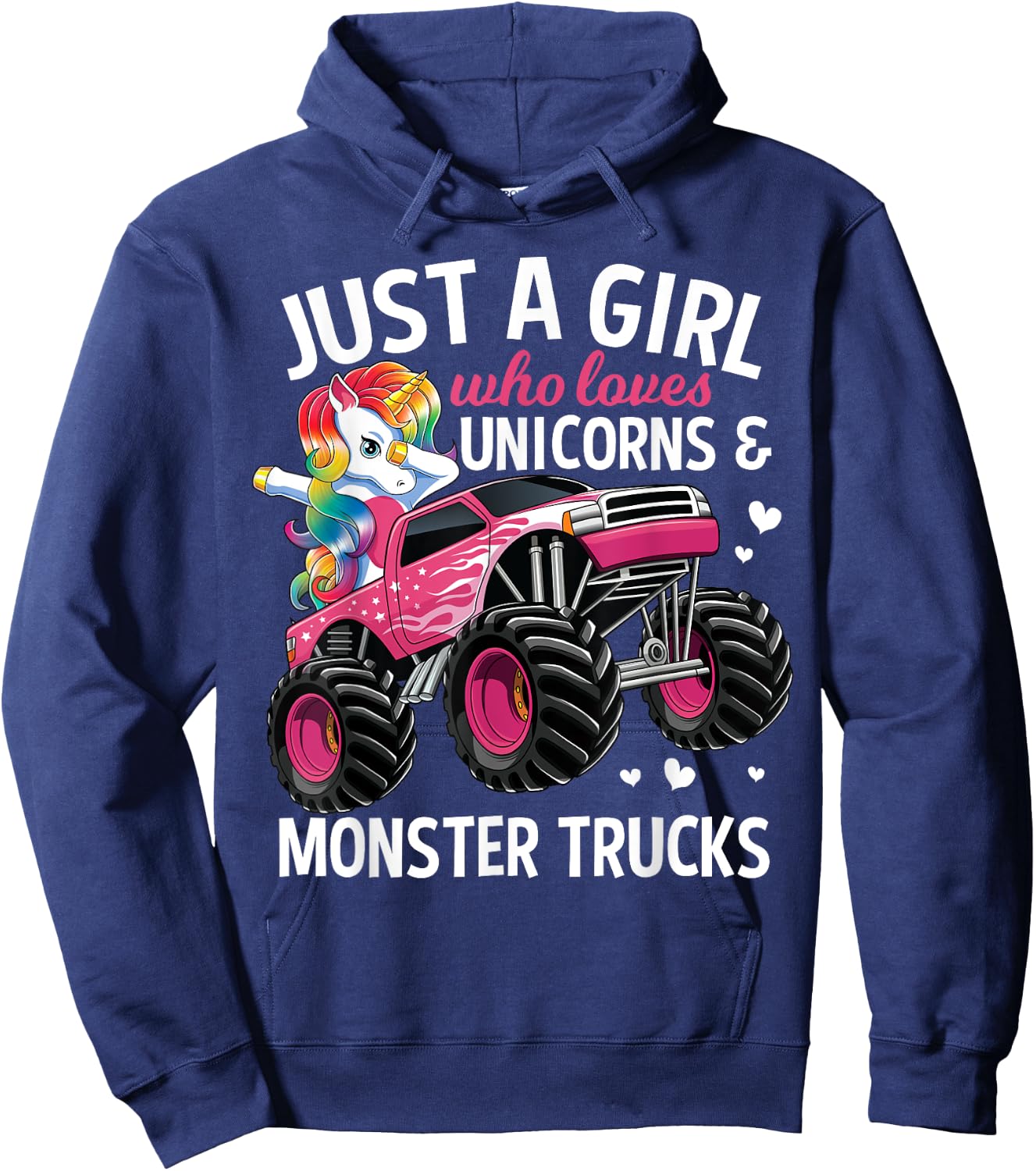 Just A Girl Who Loves Unicorns And Monster Trucks Girls Kids Hoodie - Hoodie | Navy