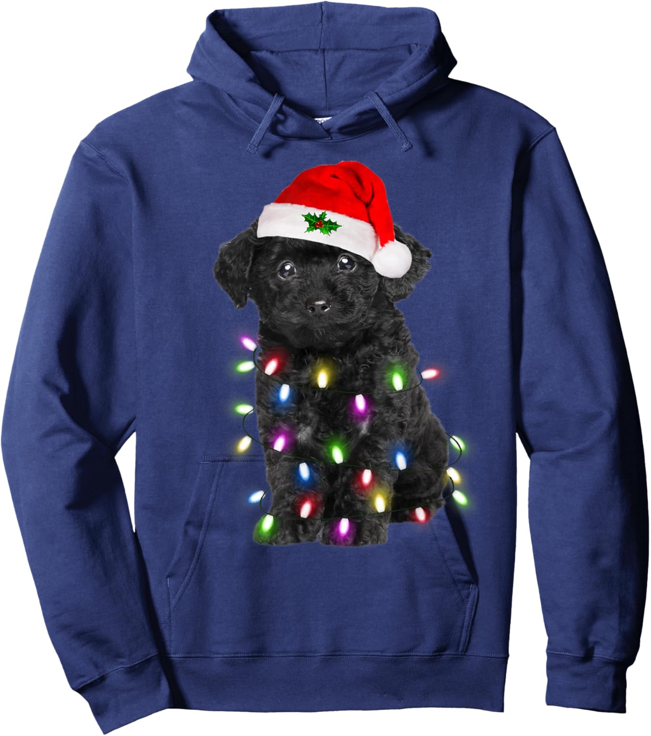 Black Poodle dog Santa Christmas Tree Lights Xmas Boys Dog Hoodie - Hoodie | Navy