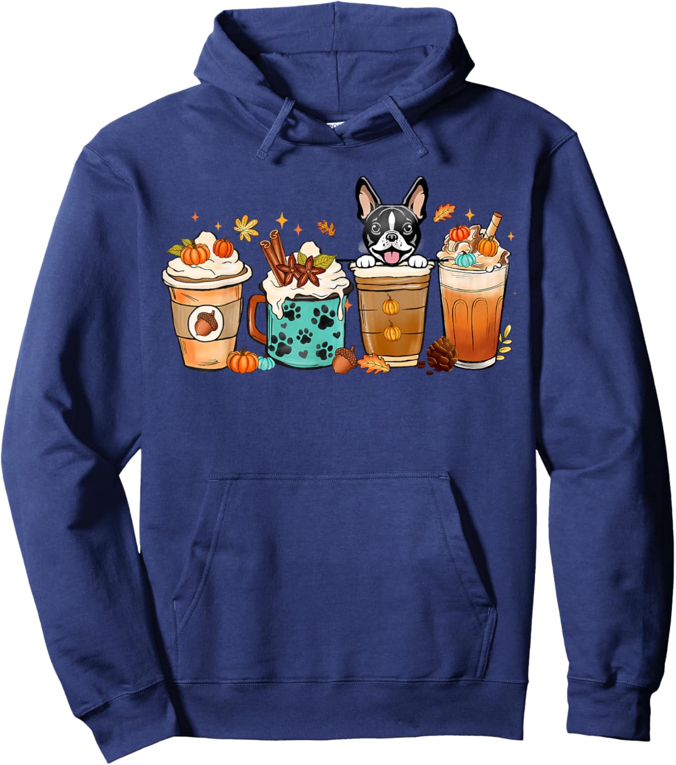 Boston Terrier Dog Fall Autumn Coffee Cups Halloween Pet Men Women Hoodie - Hoodie | Navy