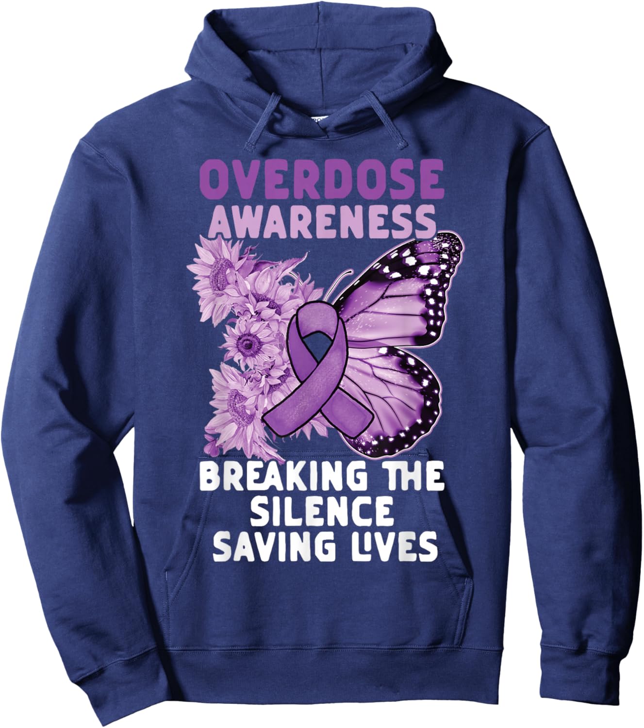 Overdose Awareness Purple Ribbon Drug Addiction Hoodie - Hoodie | Navy