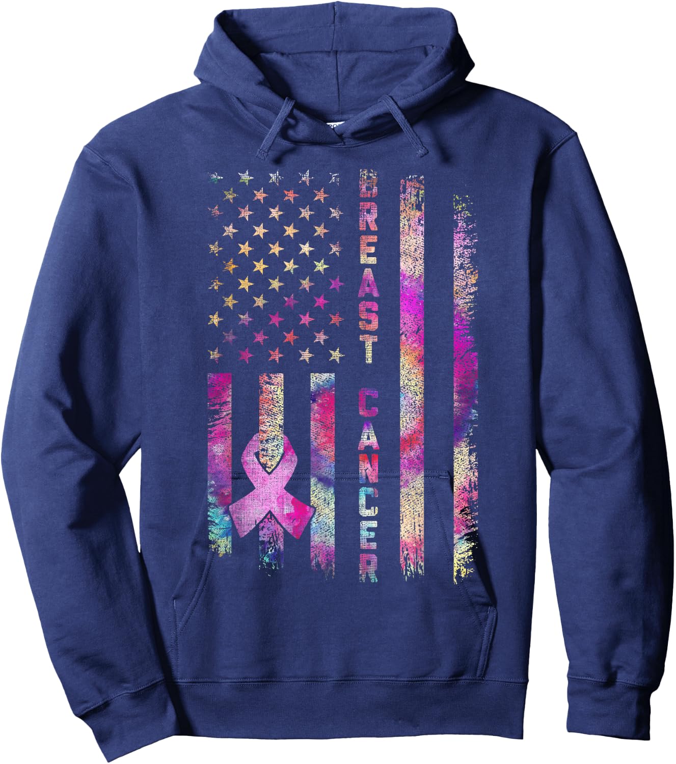 American Flag Breast Cancer Awareness Support Tie Dye Hoodie - Hoodie | Navy