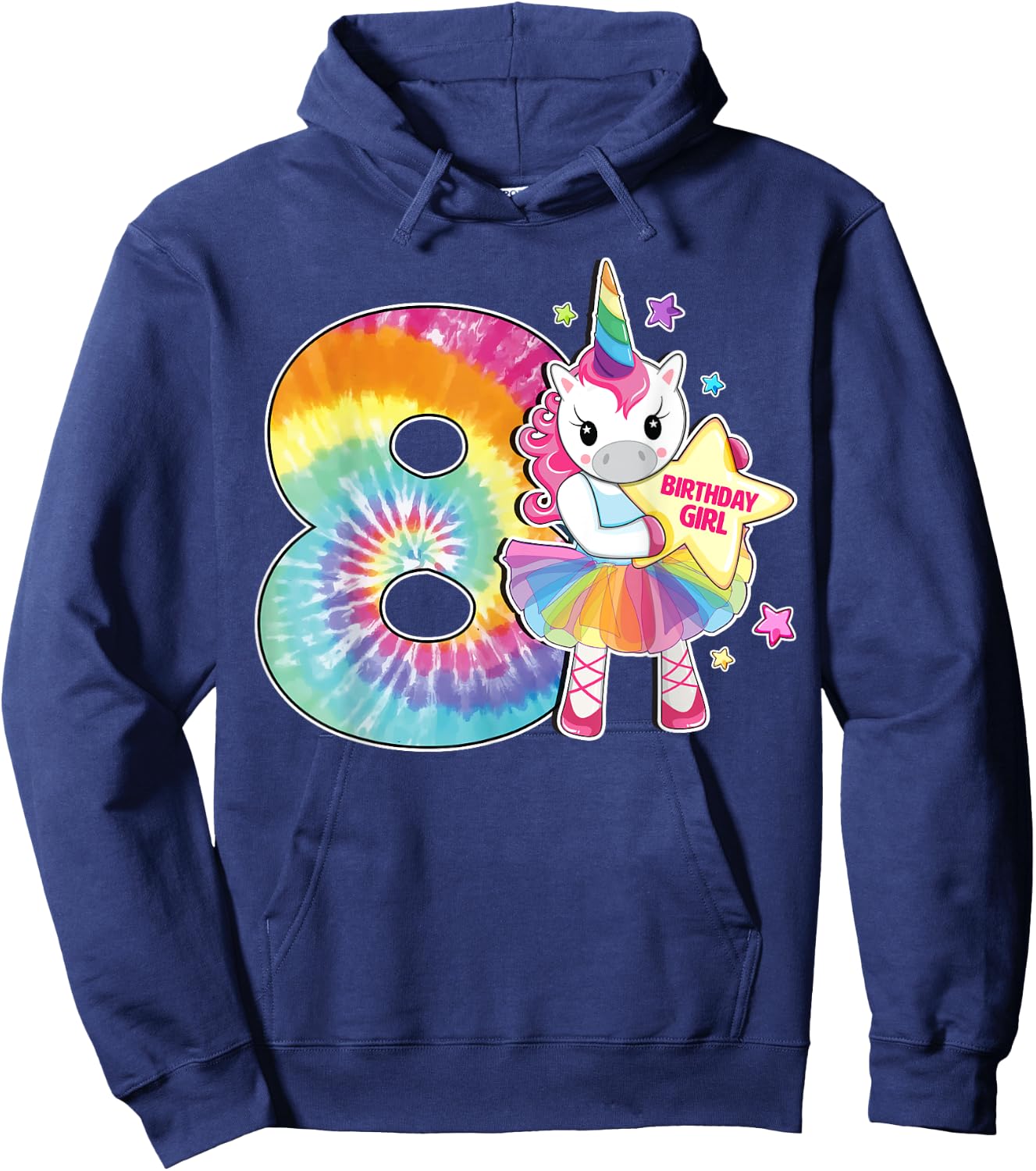8th Birthday Unicorn Shirt Gift Girls Age 8 Tie Dye Hoodie - Hoodie | Navy