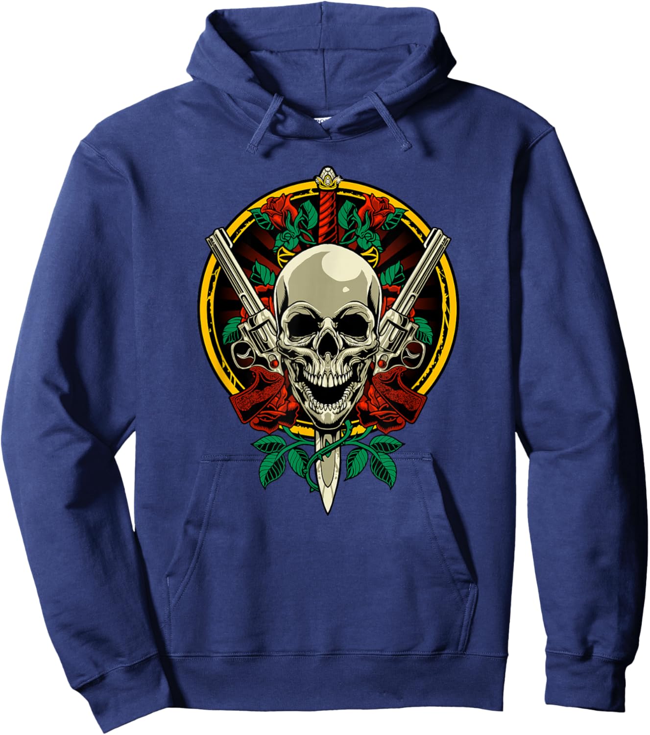 Skull Face with Roses - 80s 90s Rock Music Guns and Skull Hoodie - Hoodie | Navy