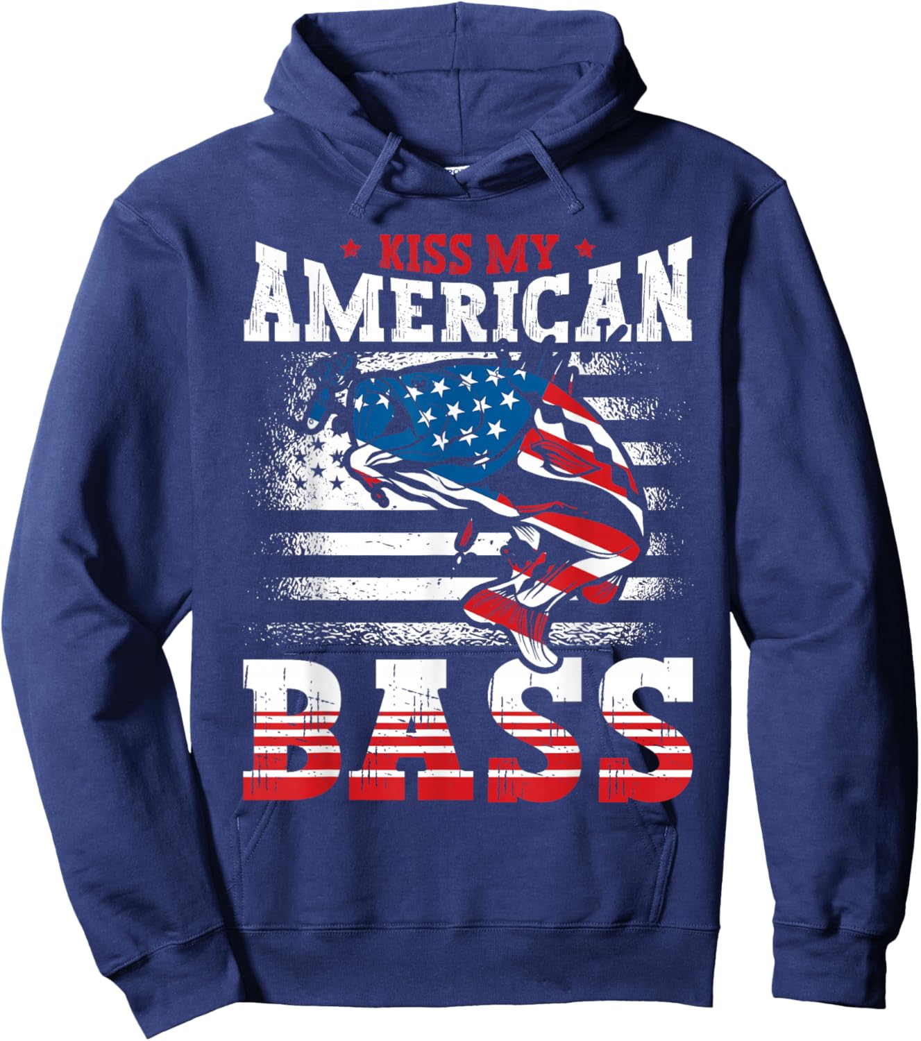 Kiss My American Bass Fishing USA Flag 4th of July Patriotic Hoodie - Hoodie | Navy