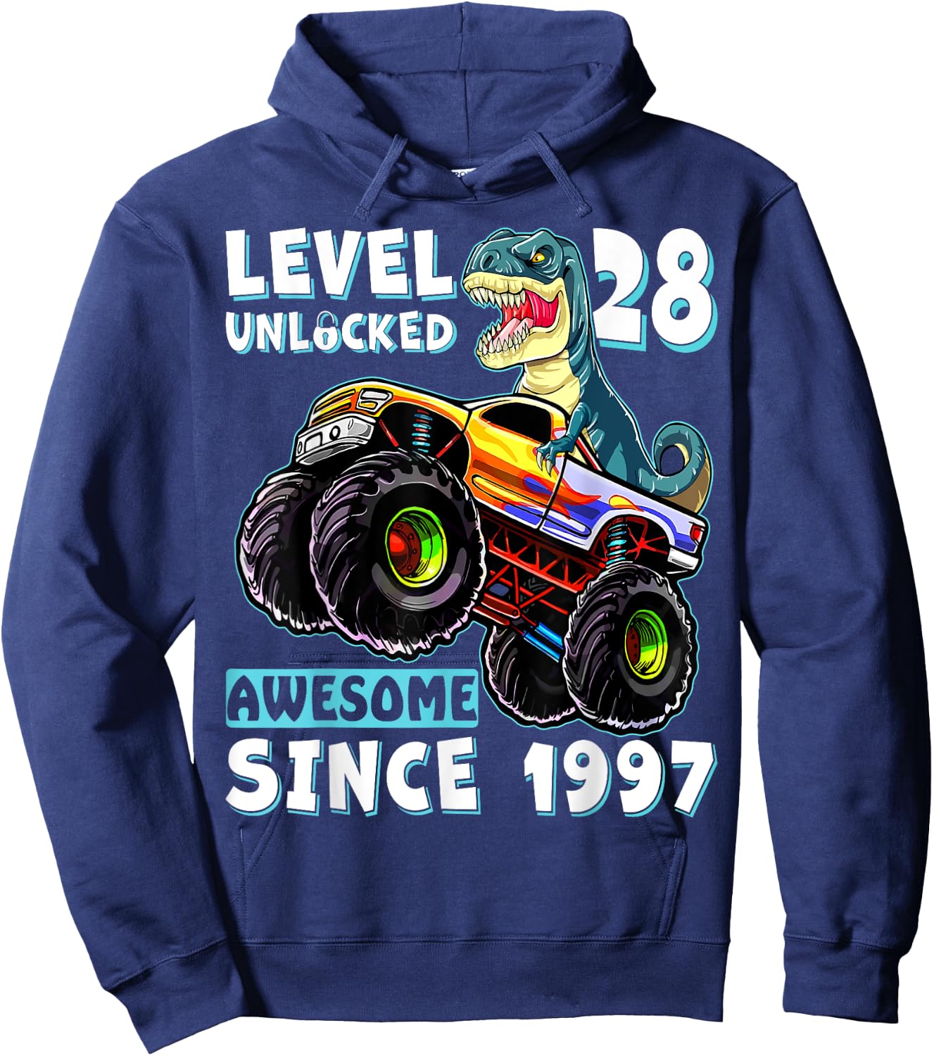Level 28 Unlocked T Rex Monster Truck Dinosaur 28th Birthday Hoodie - Hoodie | Navy