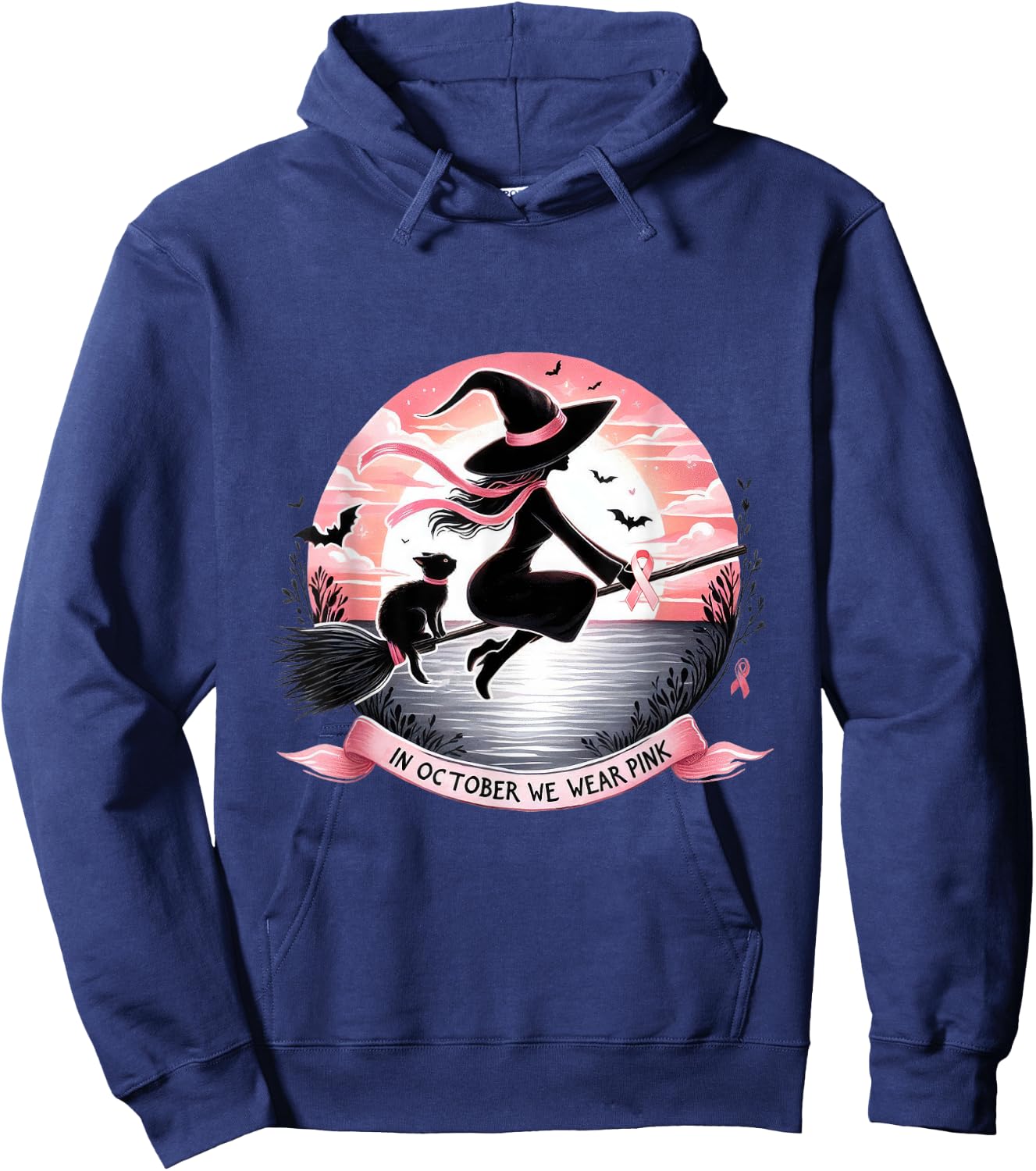 Witch In October We Wear Pink Ribbon Breast Cancer Awareness Hoodie - Hoodie | Navy