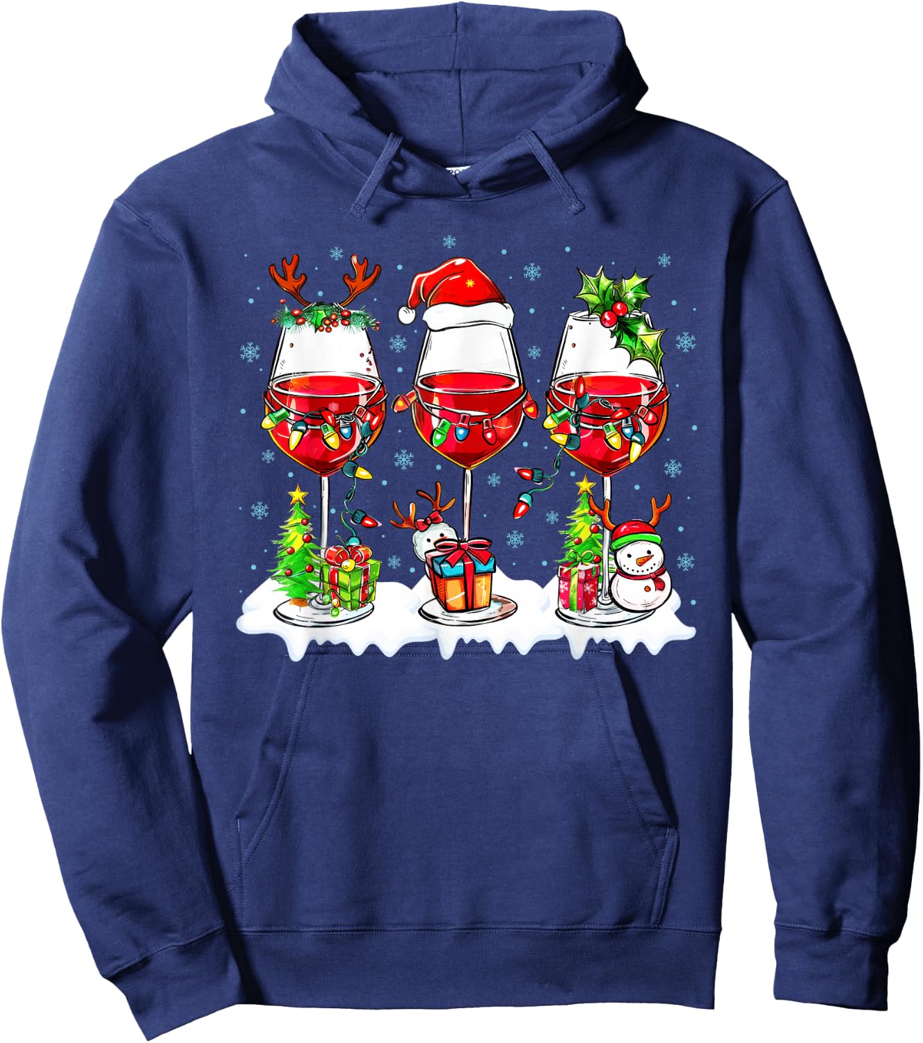 Wine Glass Santa Hat Xmas Funny Christmas 2025 Men Women Hoodie - Hoodie | Navy
