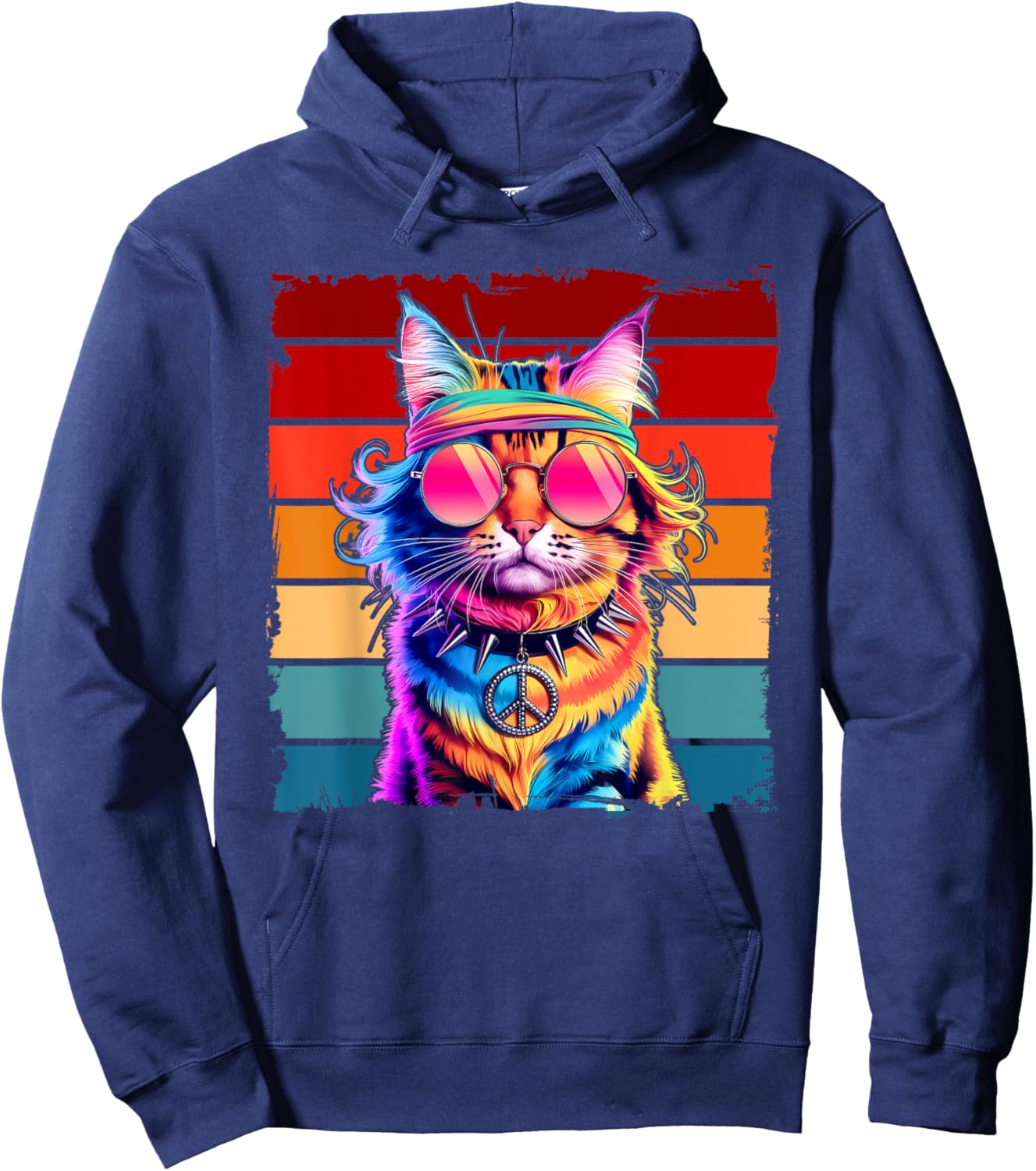 Psychedelic Peace Cat Colorful Hippie Retro Groovy Vibes Men Women Kids Hoodie - Hoodie | Navy