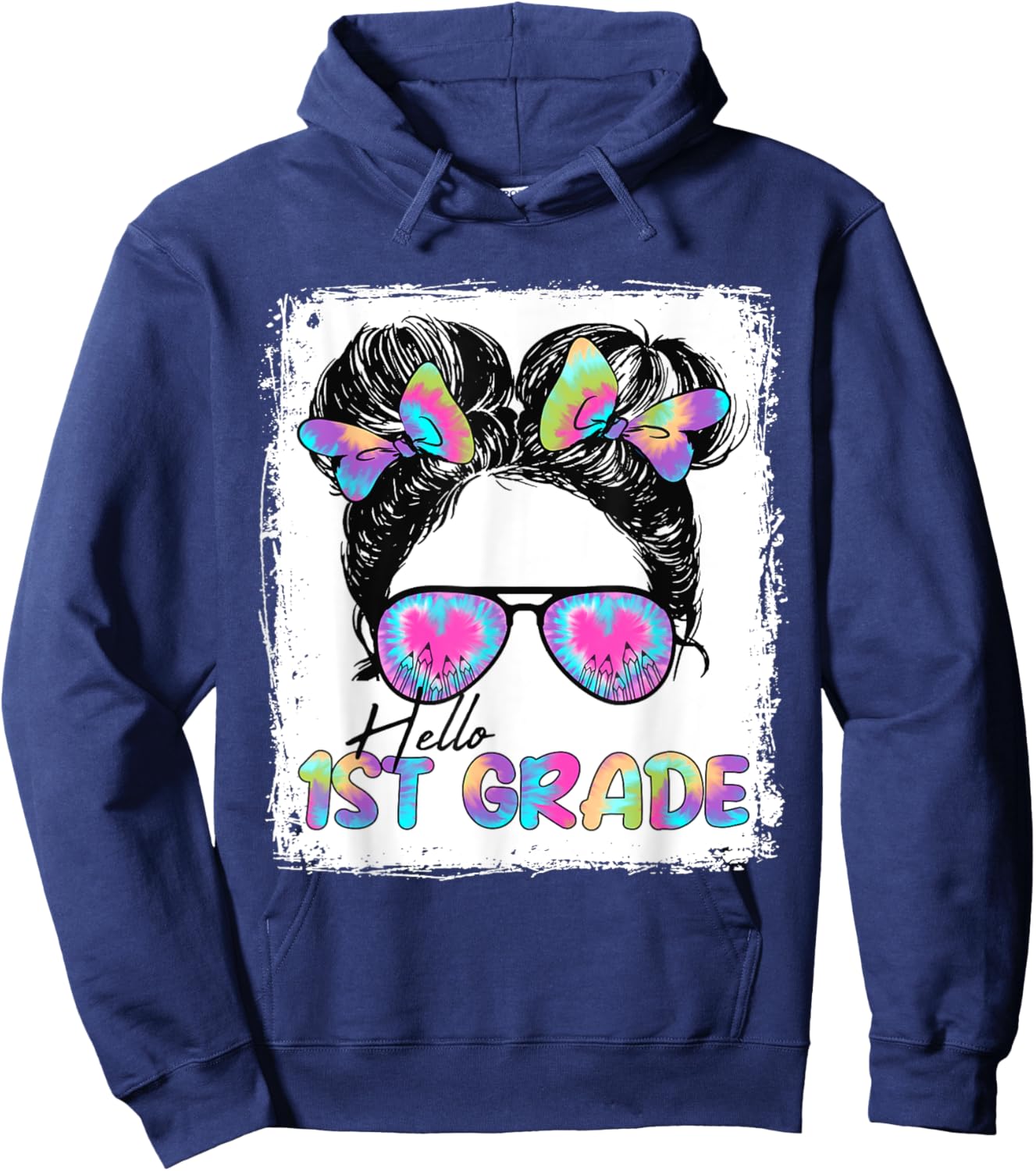 Hello 1st Grade Messy Hair Bun Girl Back To School First Day Hoodie - Hoodie | Navy