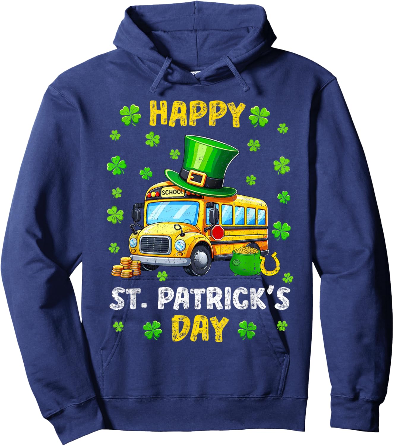 Vintage Happy St. Patrick's Day School Bus Shamrocks Driver Hoodie - Hoodie | Navy