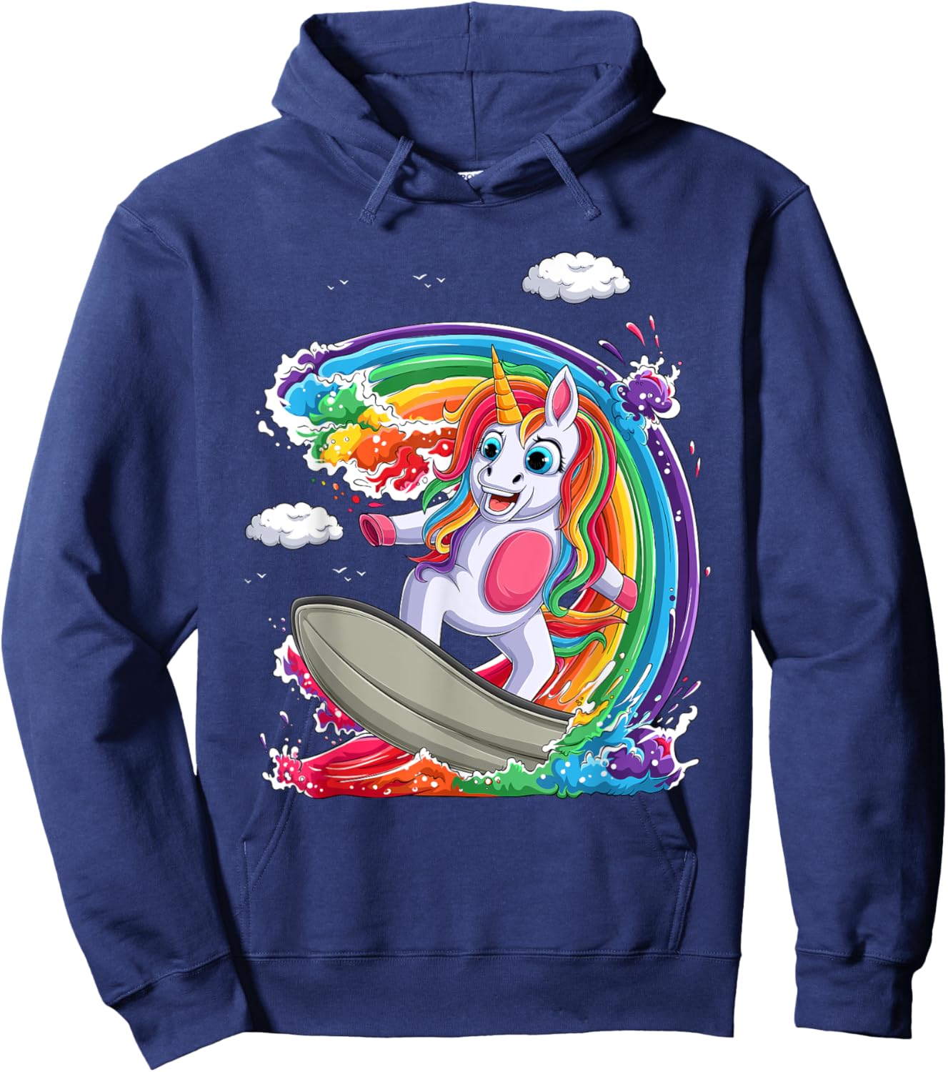 Cute Unicorn Girls Women Unicorn Surfing on Rainbow Wave Hoodie - Hoodie | Navy